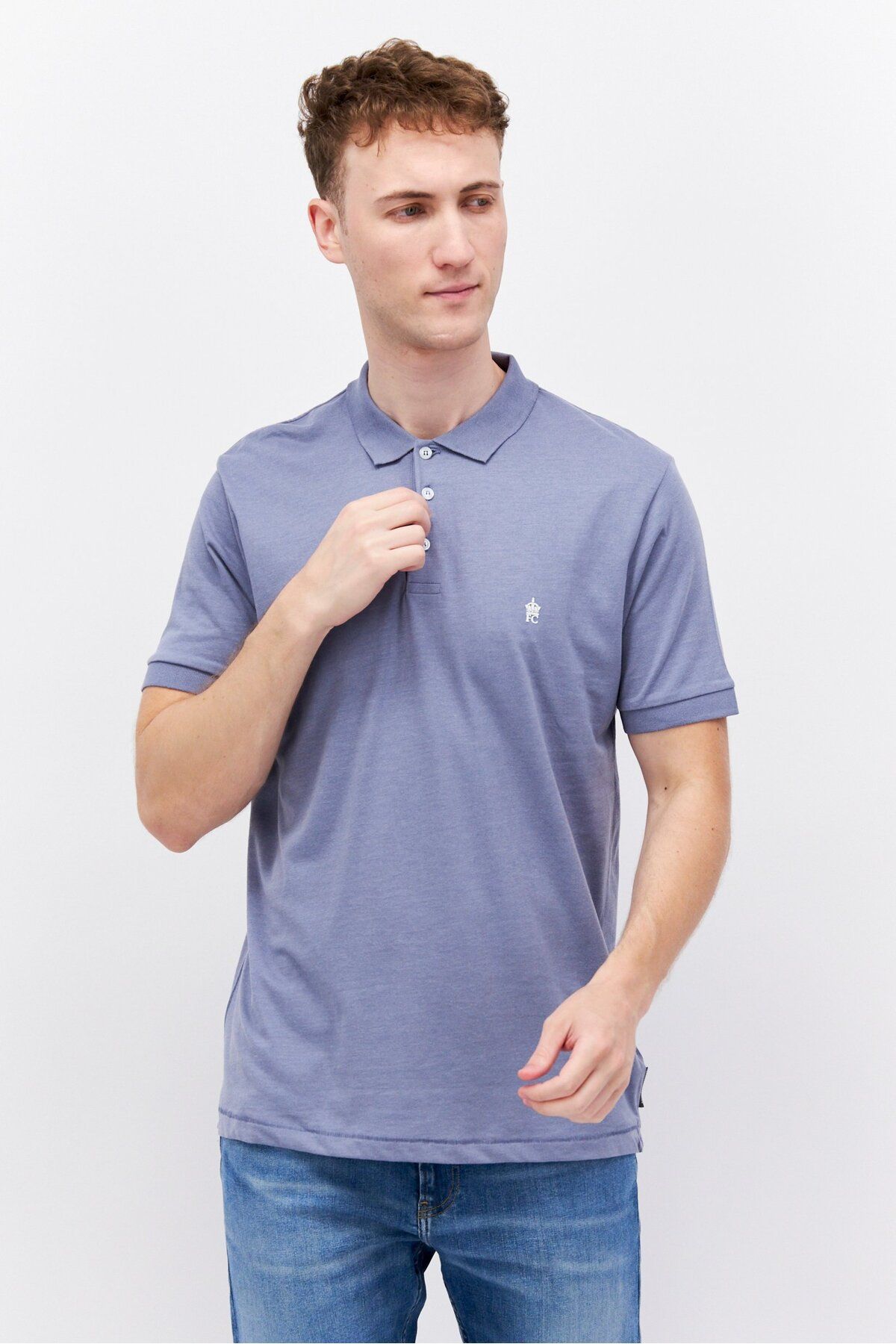 French Connection-Men Regular Fit Brand Logo Short Sleeve Polo Shirts, Slate Blue Melange 1