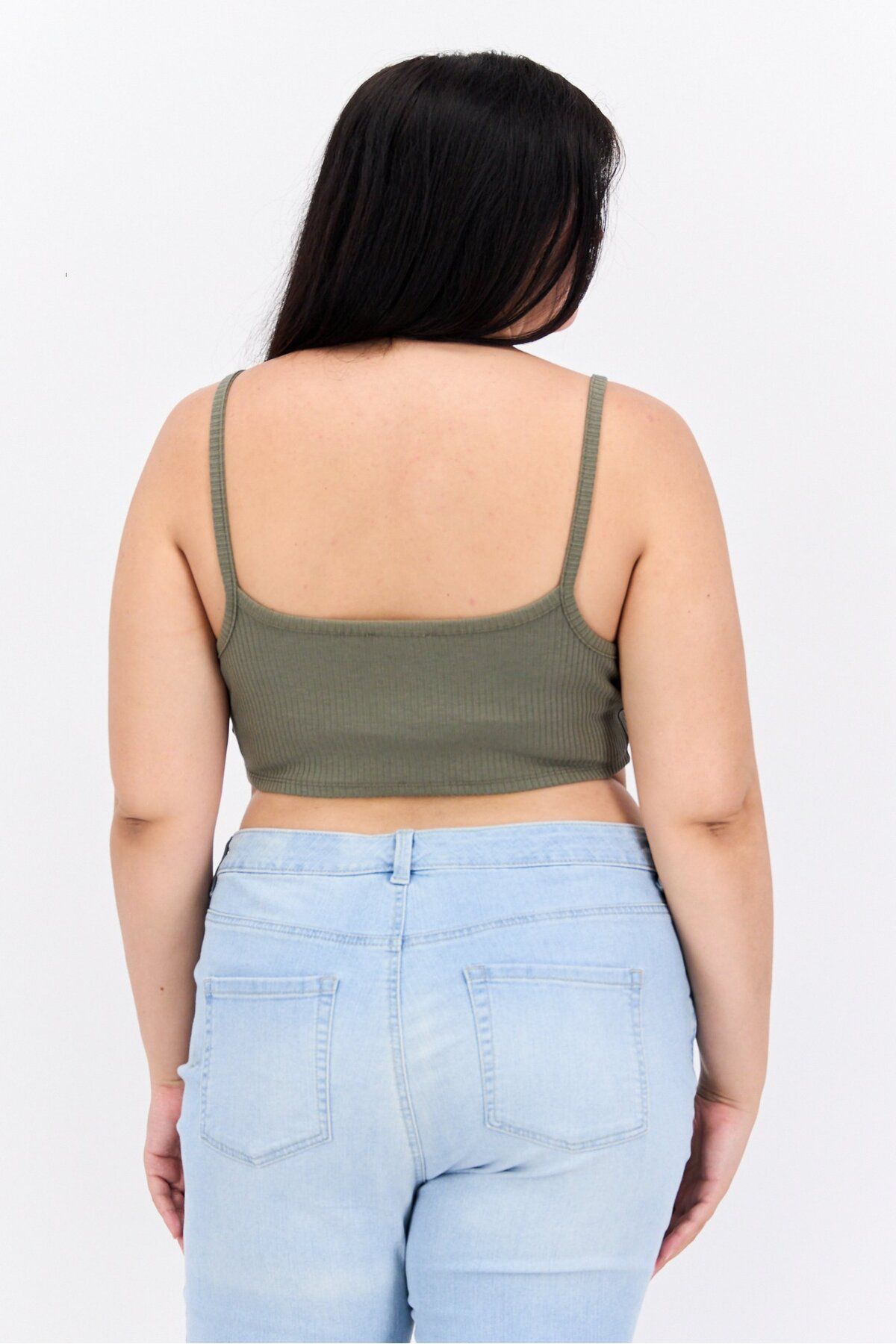 Bar III-Women Plus Size V-Neck Sleeveless Ribbed Crop Top, Olive 2