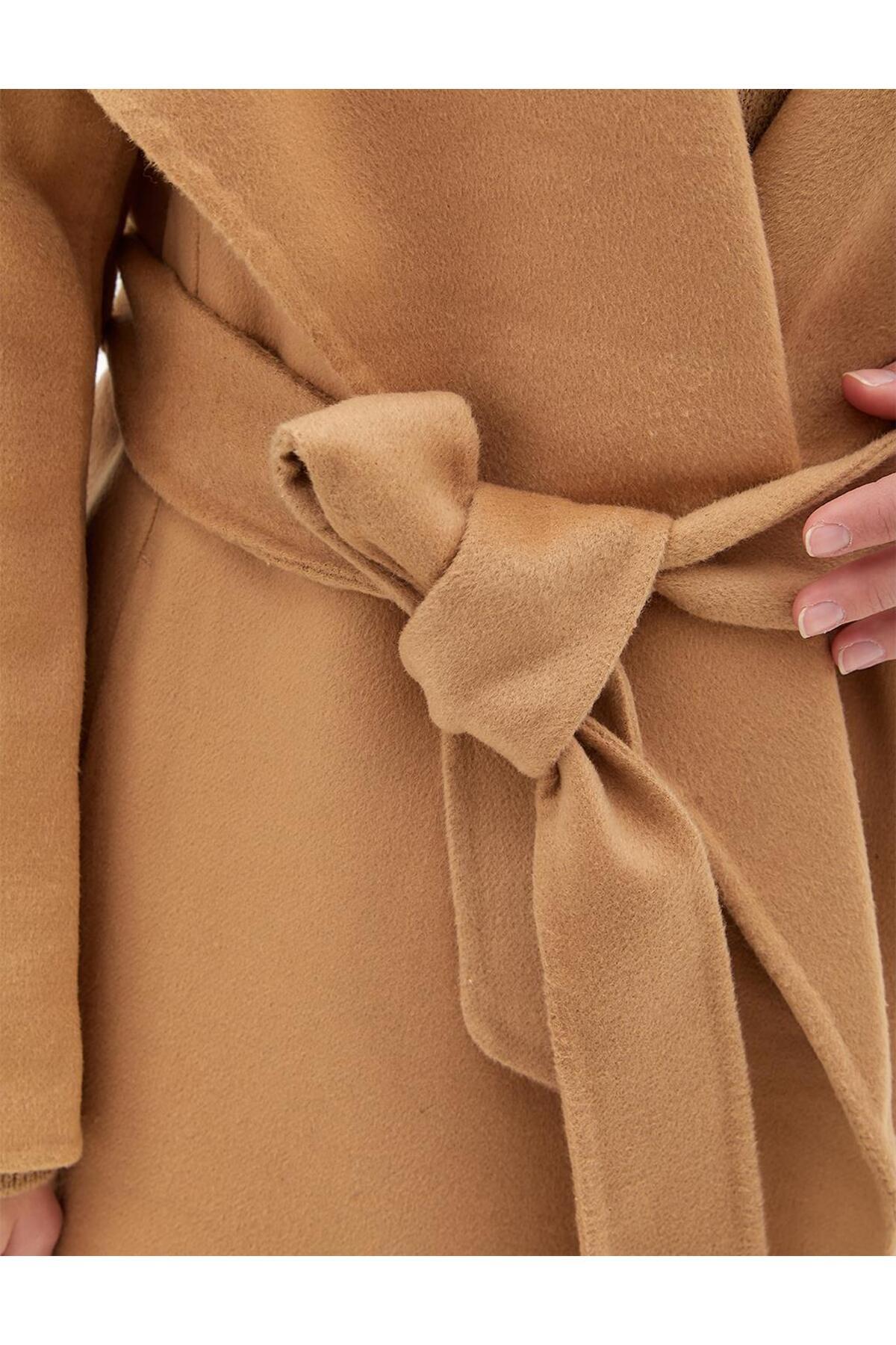 Kayra  Premium Yün Geniş Klapalı Kaşe Kaban Camel - Görsel 7