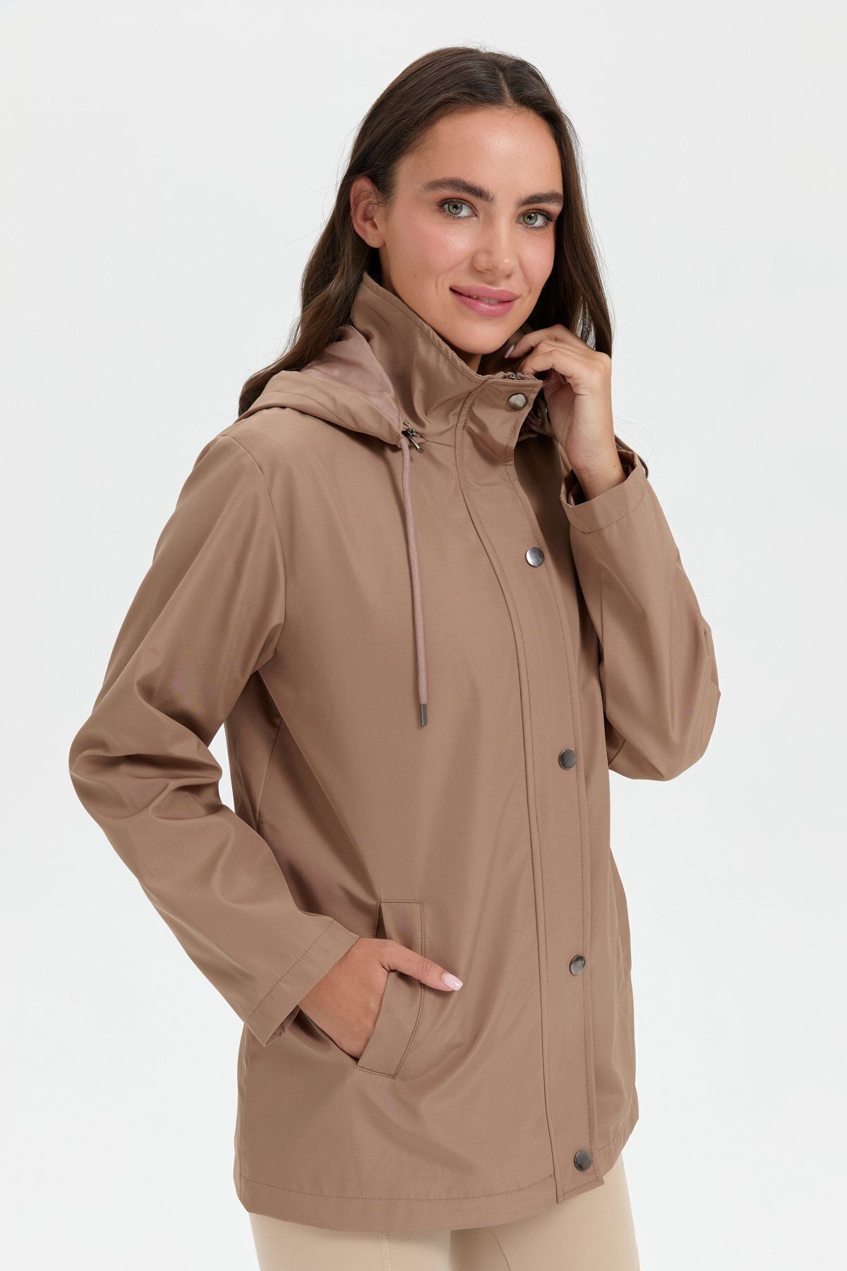 Desen Triko-Trench scurt pentru femei Mink cu glugă - Buzunare laterale 4