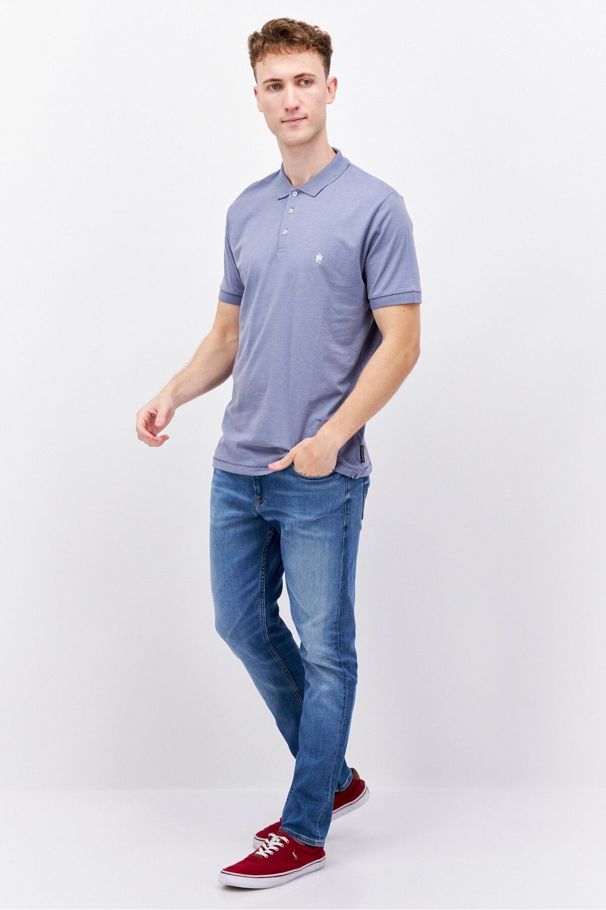 French Connection-Men Regular Fit Brand Logo Short Sleeve Polo Shirts, Slate Blue Melange 4