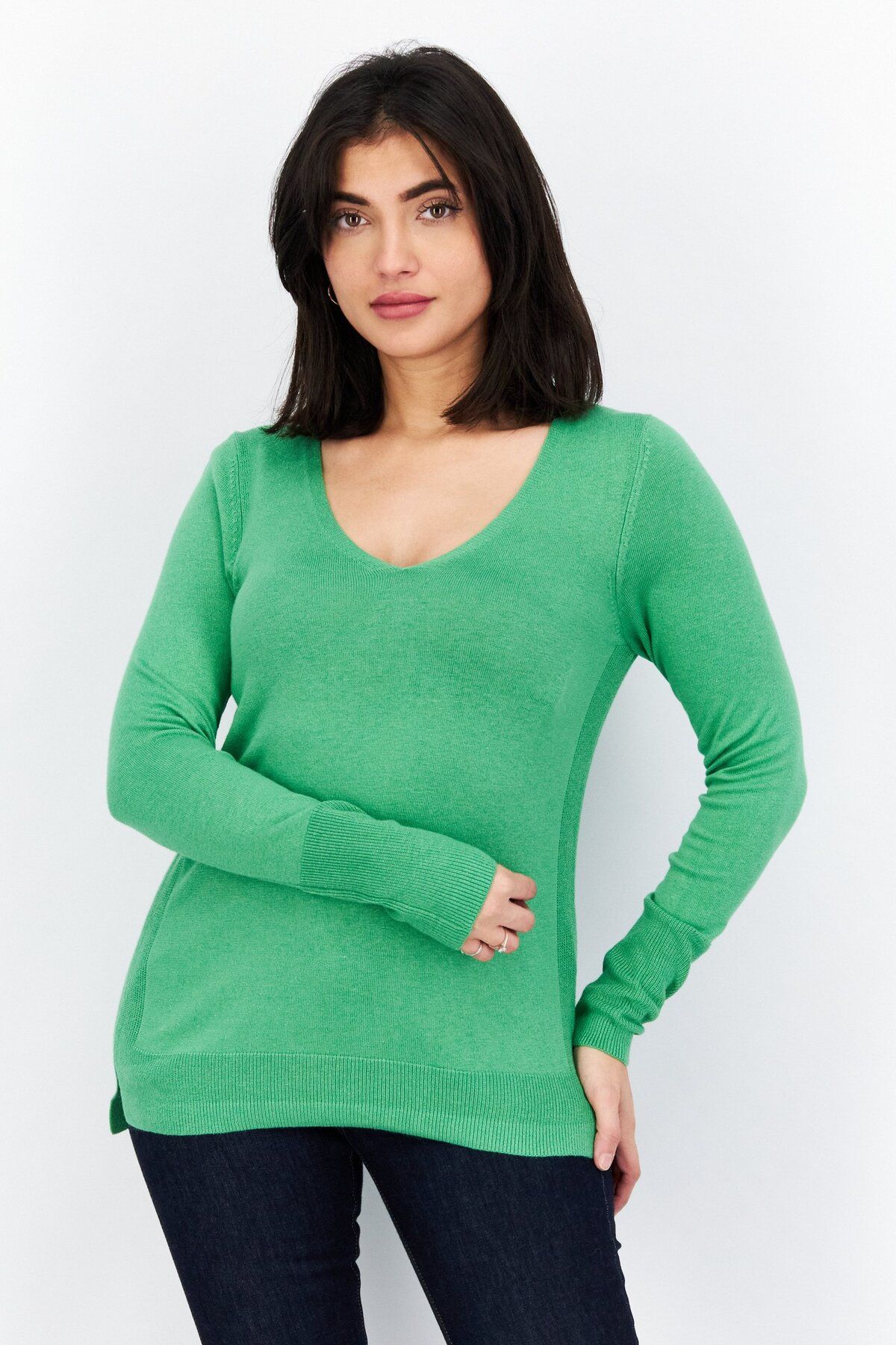 Esprit-Women V-neck Long Sleeve Textured Sweater, Green 1