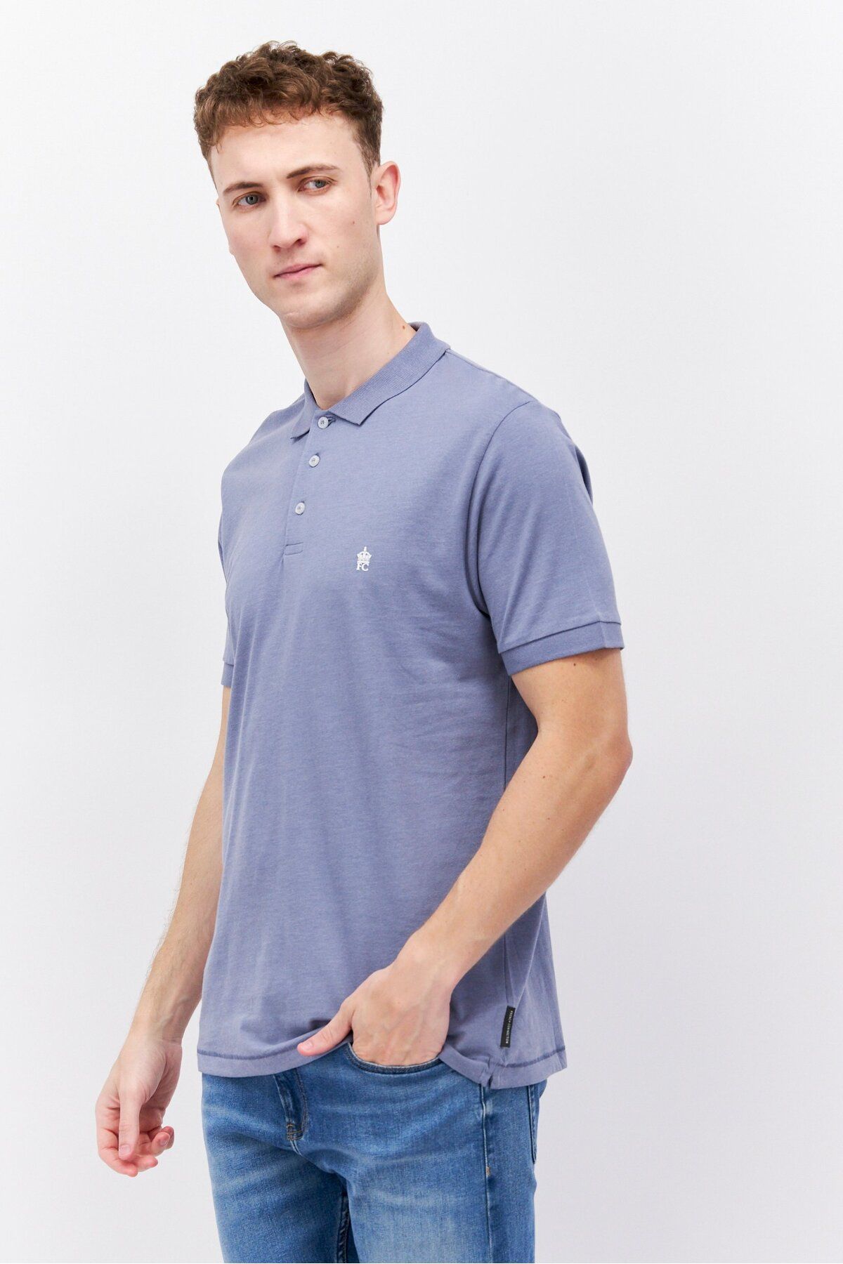 French Connection-Men Regular Fit Brand Logo Short Sleeve Polo Shirts, Slate Blue Melange 2