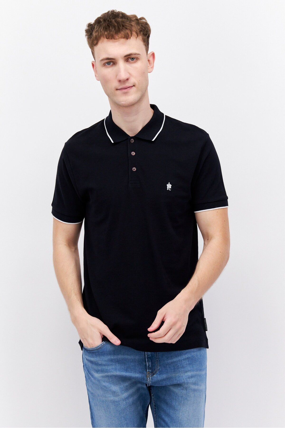 French Connection-Men Regular Fit Brand Logo Short Sleeve Polo Shirts, Marine/White 1