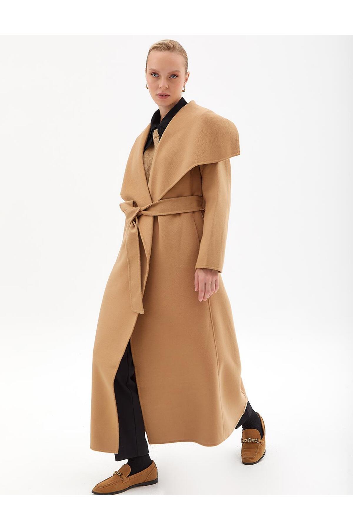 Kayra  Premium Yün Geniş Klapalı Kaşe Kaban Camel - Görsel 5