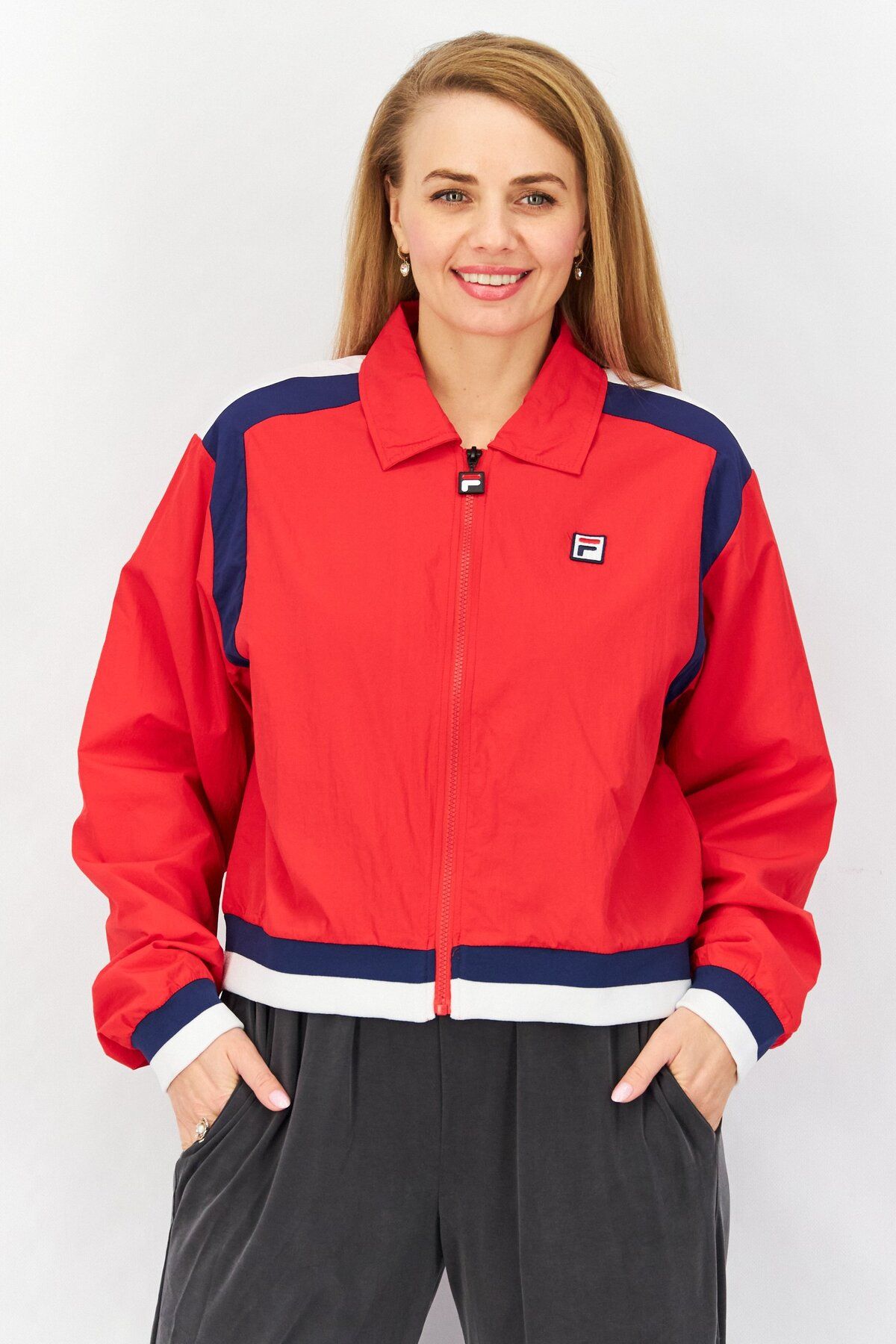 Fila-Women Sportswear Fit Brand Logo Windbreaker Jacket, Red Combo 1