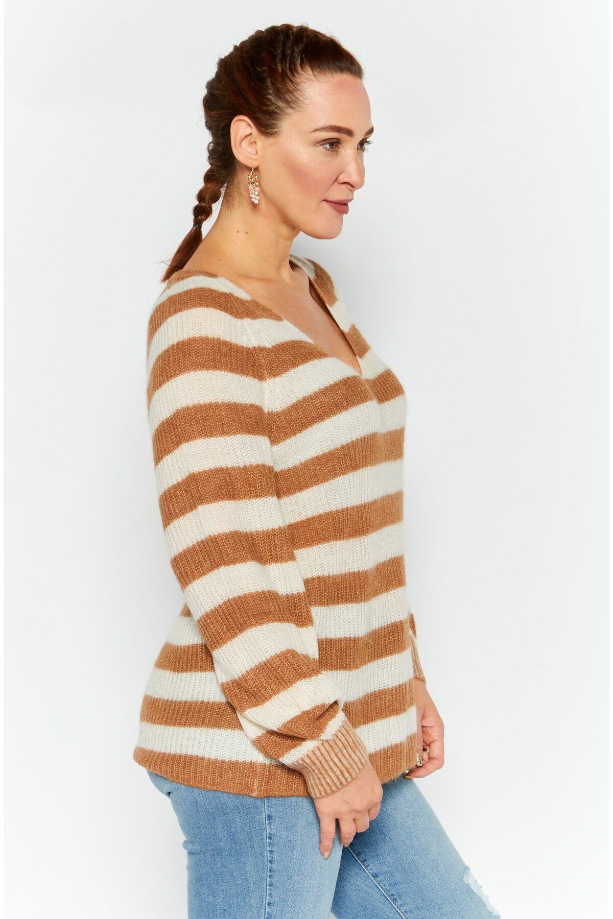 Esprit-Women V Neck Striped Knitted Sweater, Brown 3