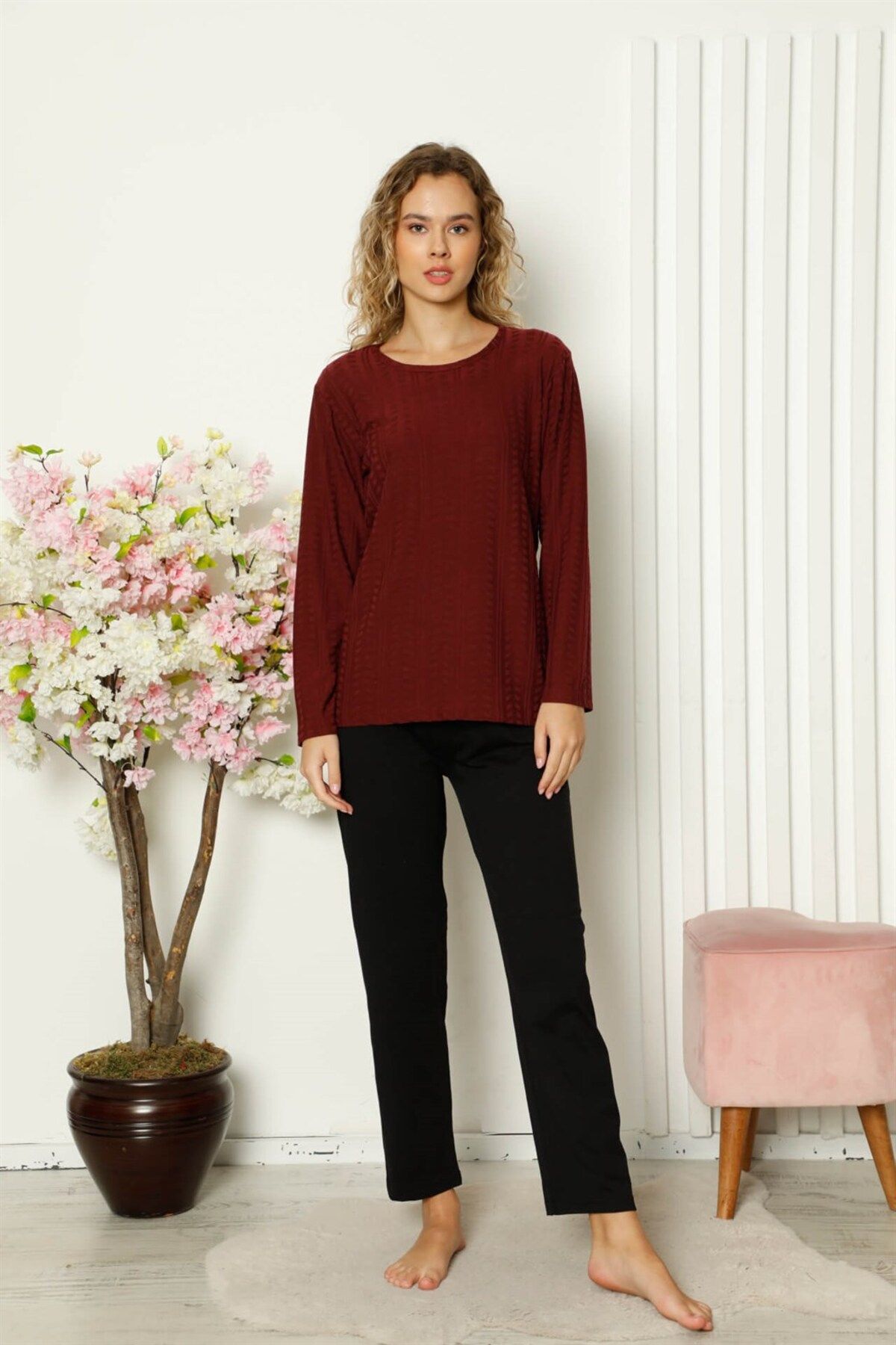 COXO Fashion`S Moda Çizgi Women's Combed Cotton Long Sleeve Pajama Set 4111
