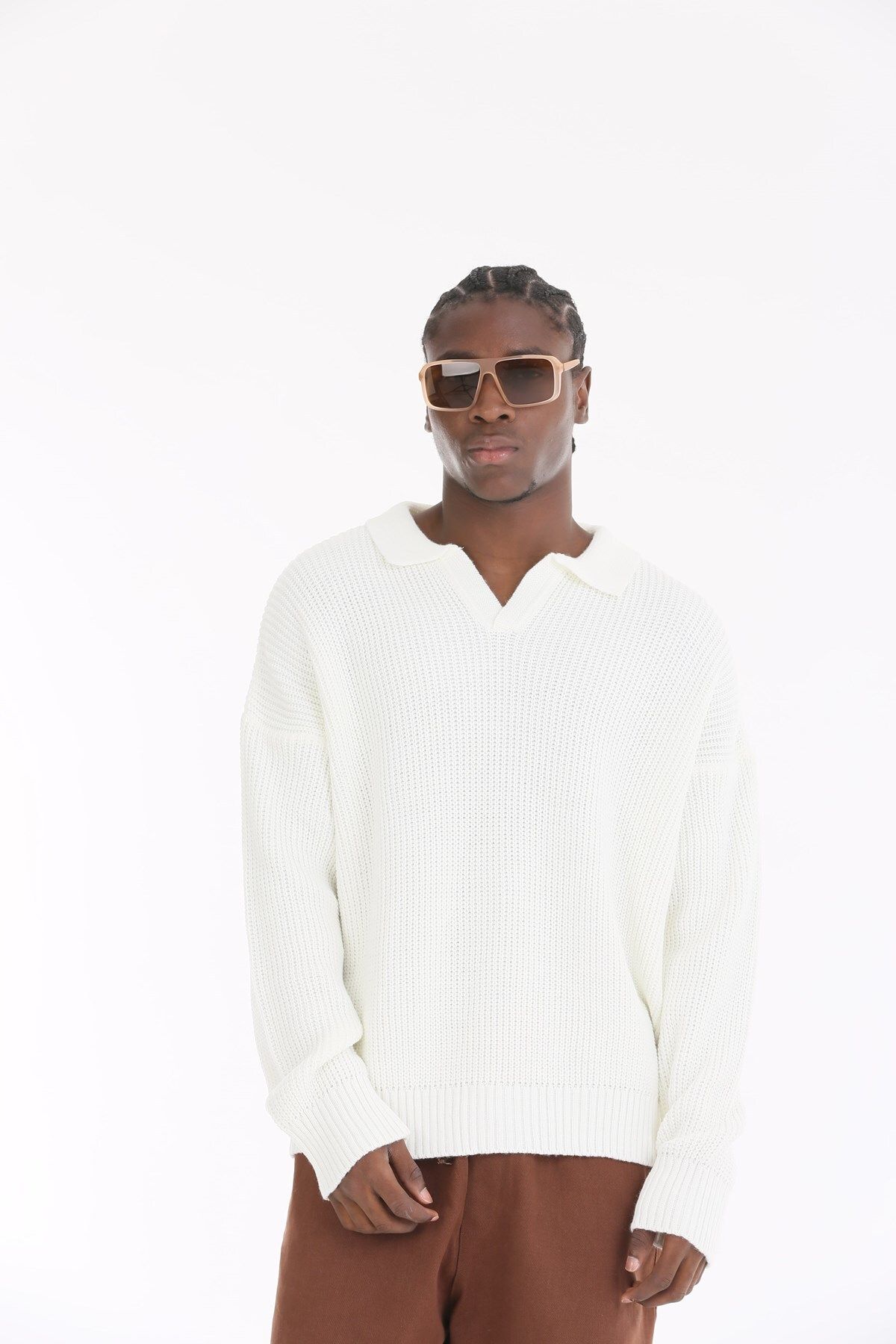 The Champ Clothing-Polo Neck Knitted Knitwear Ribbed White Oversize Men's Sweater 5