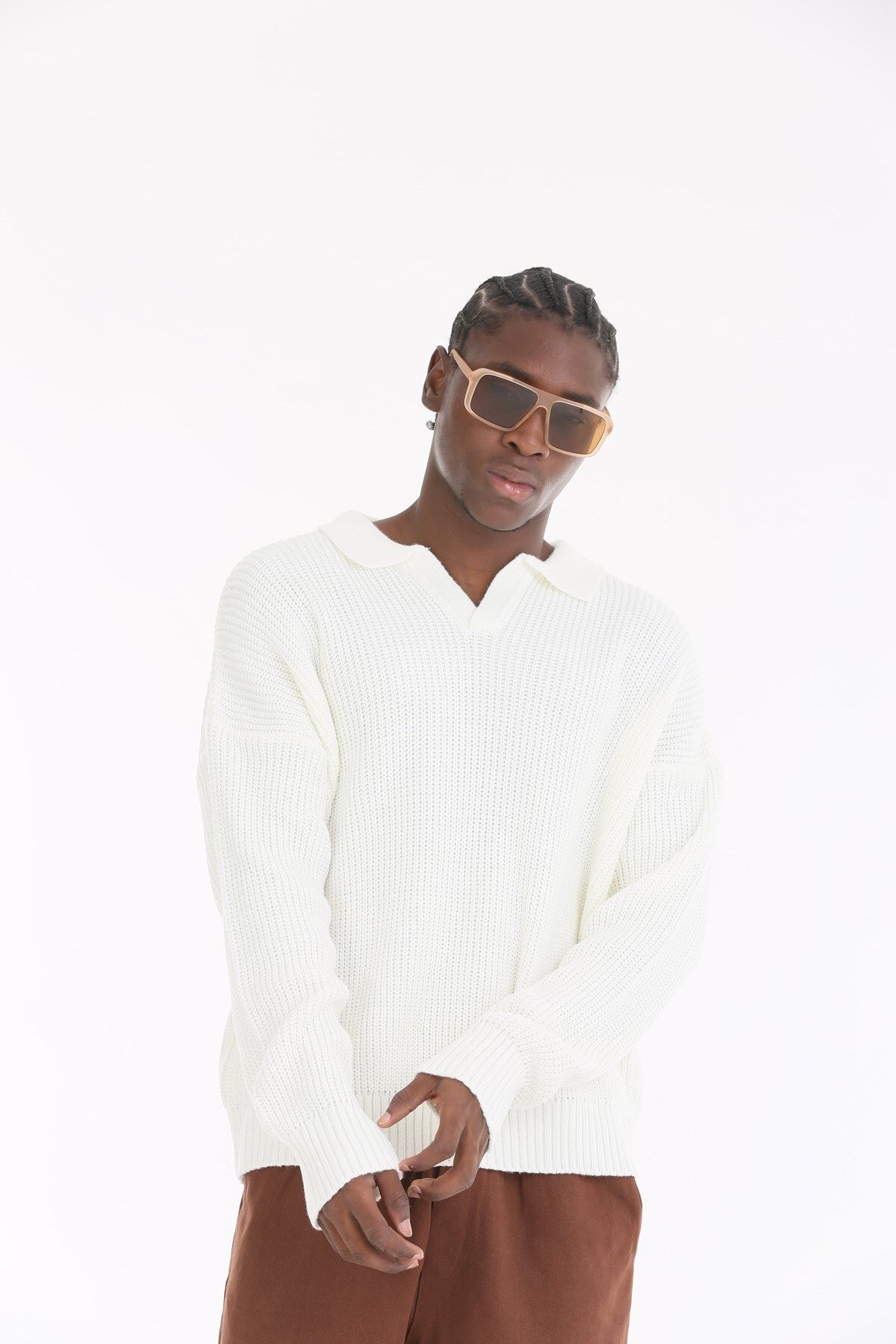 The Champ Clothing-Polo Neck Knitted Knitwear Ribbed White Oversize Men's Sweater 4