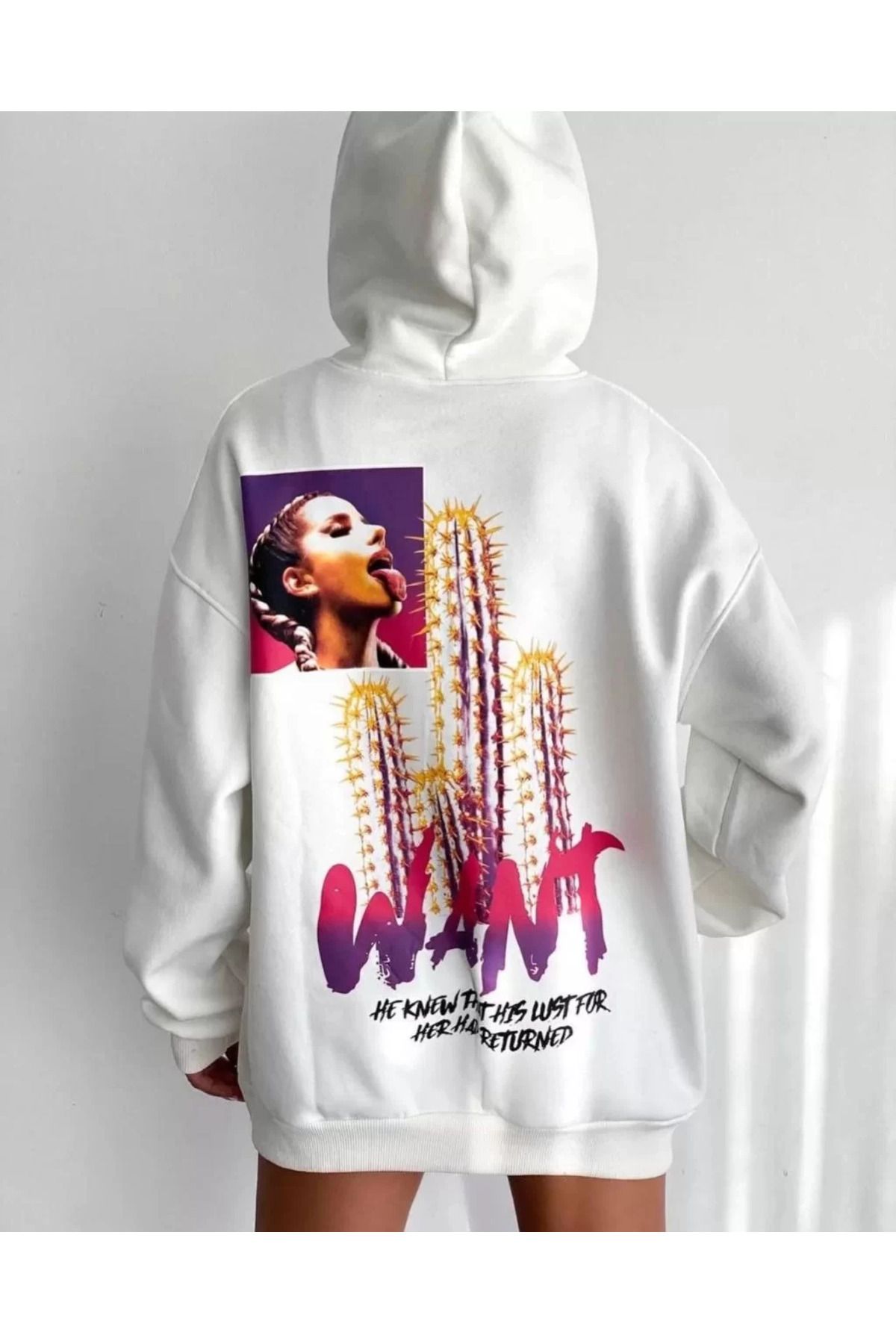SA Alişveriş Dünyam Baskılı Üç İplik Kapüşonlu Oversize Sweatshirt - Beyaz