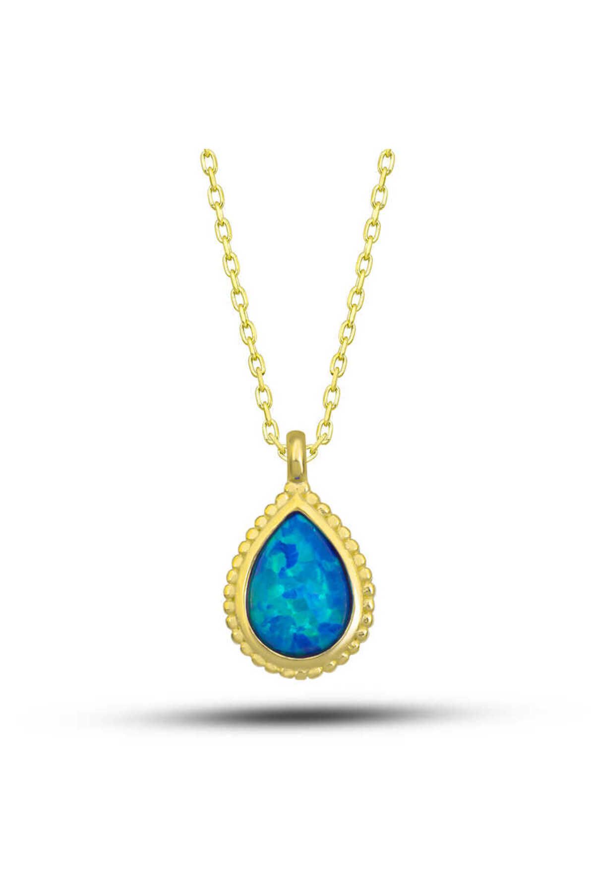 SANSERA 925 Ayar Gümüş Gold Damla Mavi Opal Taşlı Kadın Kolye
