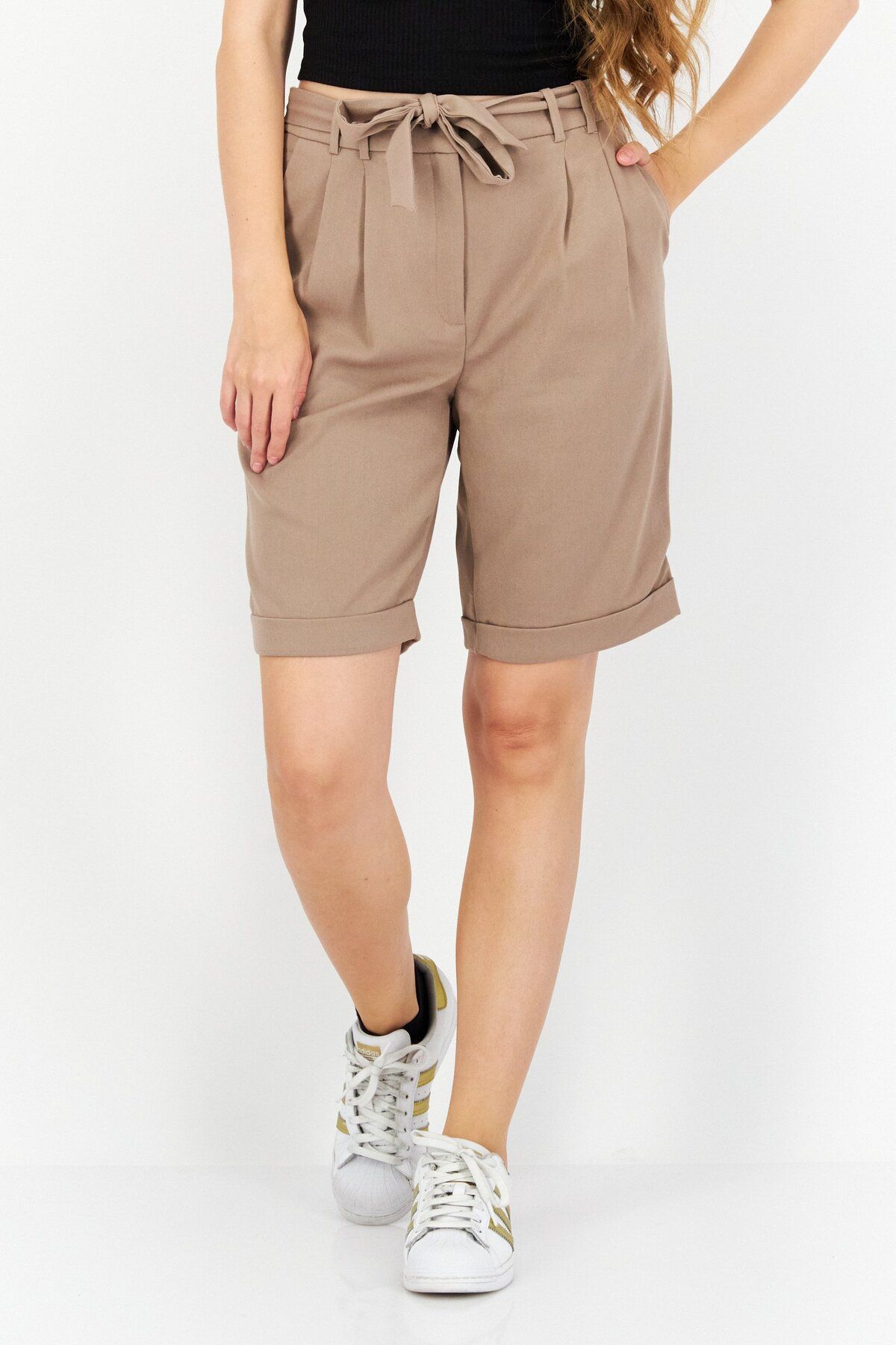 Esprit-Women Belted Plain Shorts, Taupe 1