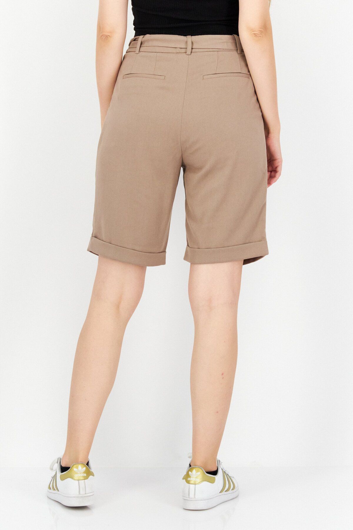 Esprit-Women Belted Plain Shorts, Taupe 2