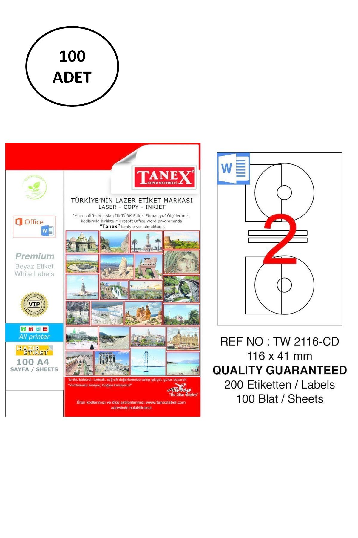 Kapamarka Tanex A4 Lazer Etiket TW-2116 116x41 mm 100'lü Paket
