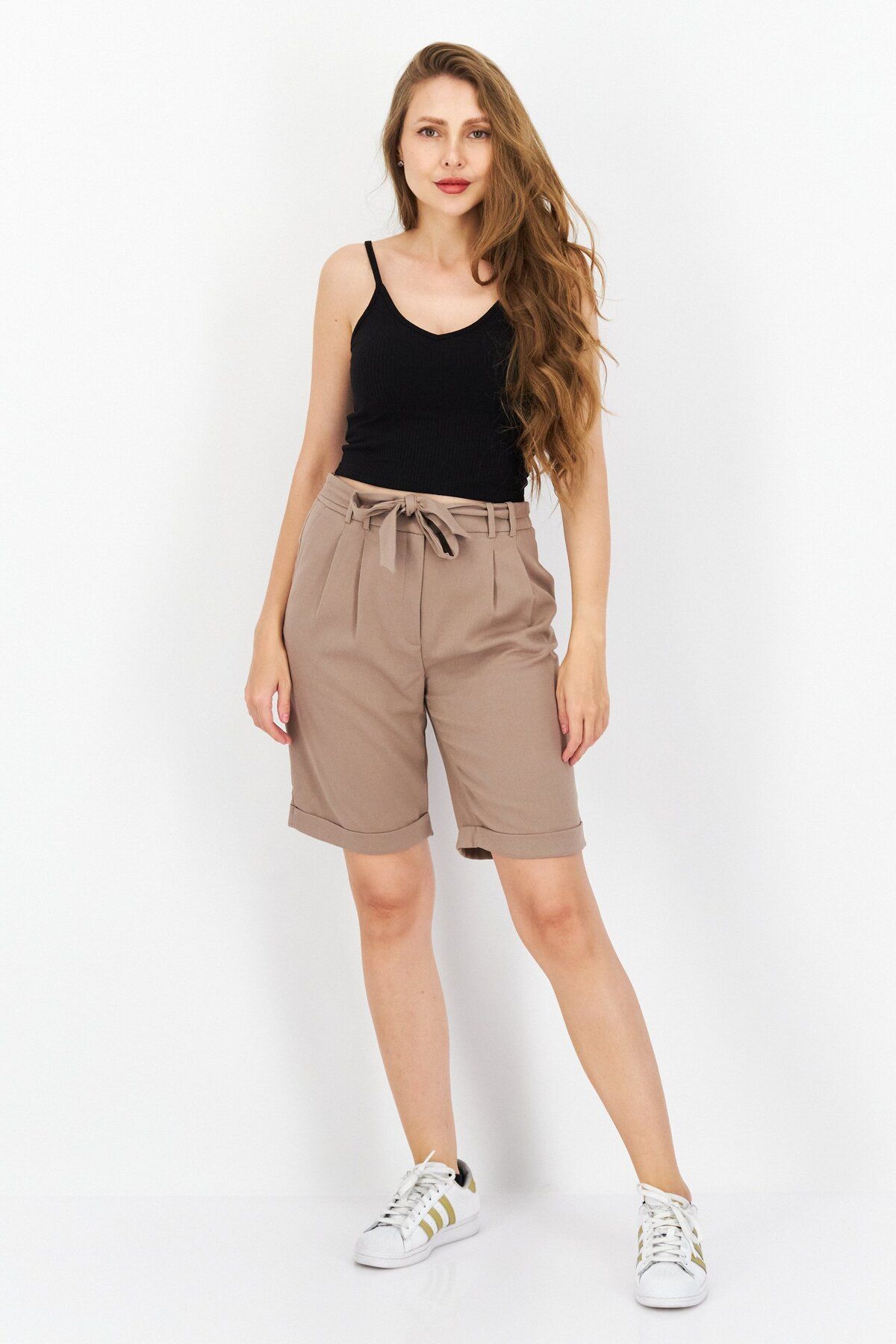 Esprit-Women Belted Plain Shorts, Taupe 4