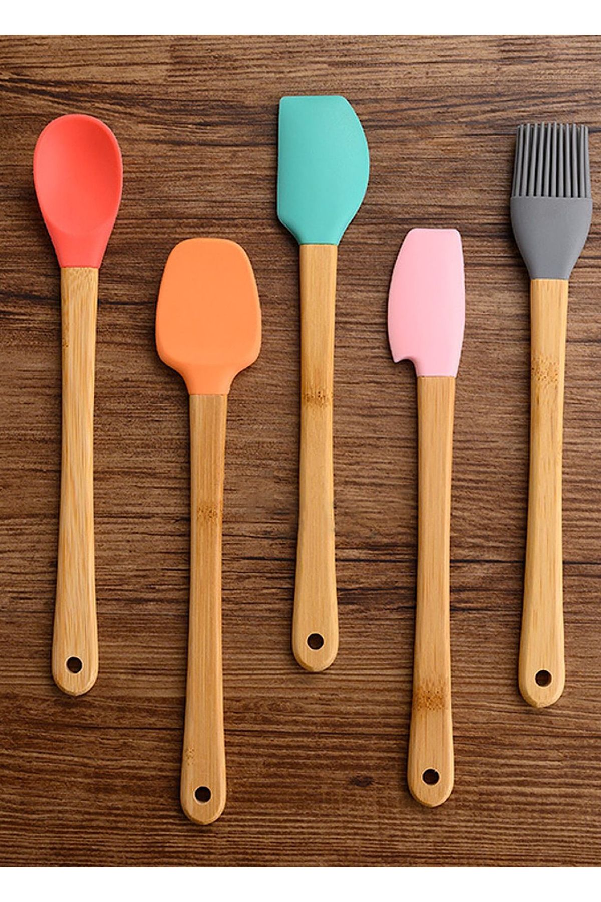 5 Parça Silikon Mini Spatula 21 cm Seti Bambu Saplı Isıya Dayanıklı Pişirme Gereçleri