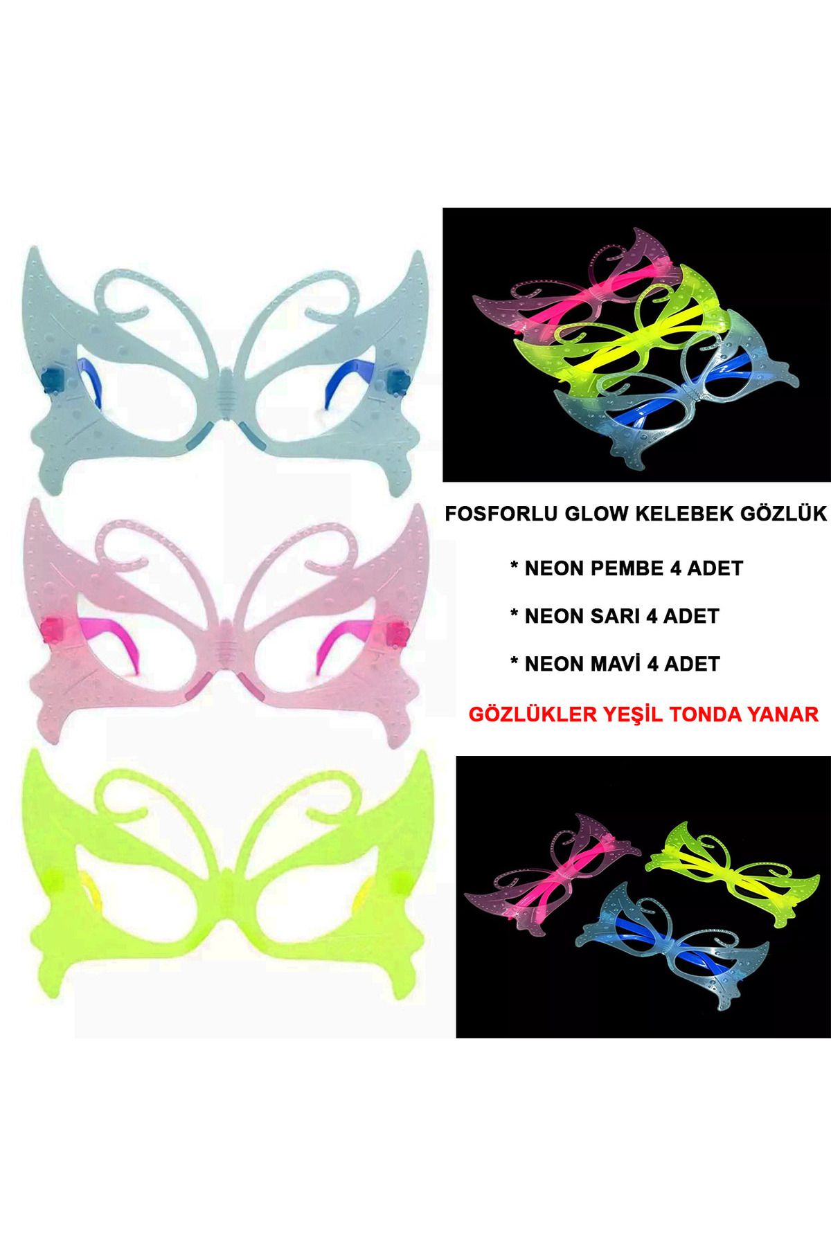 K&A Fosforlu Kelebek Model Glow Parti Gözlüğü Karanlıkta Yanan Gözlükler 12 Adet