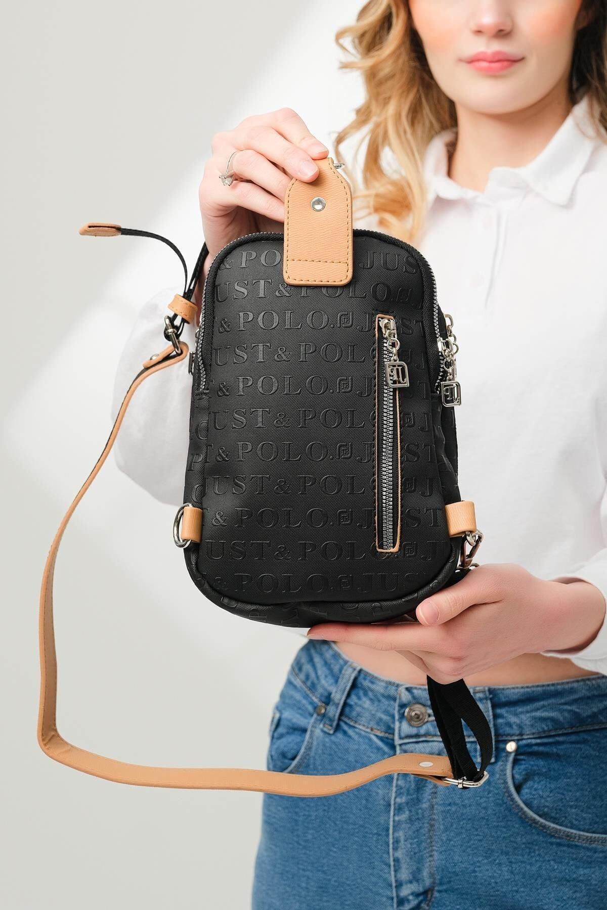 Just Polo-Erm4044 Model Women's Body Bag - Black Tan 4