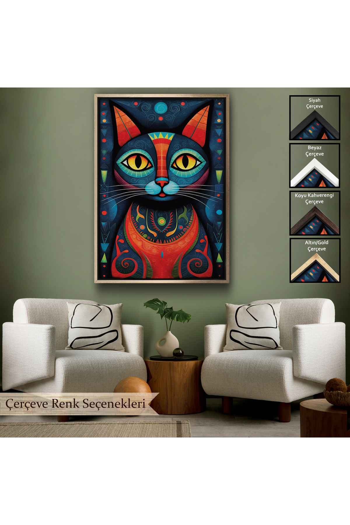 Pablo Picasso Tarzı - Soyut Renkli Kedi Çerçeveli Kanvas Tablo görsel 6