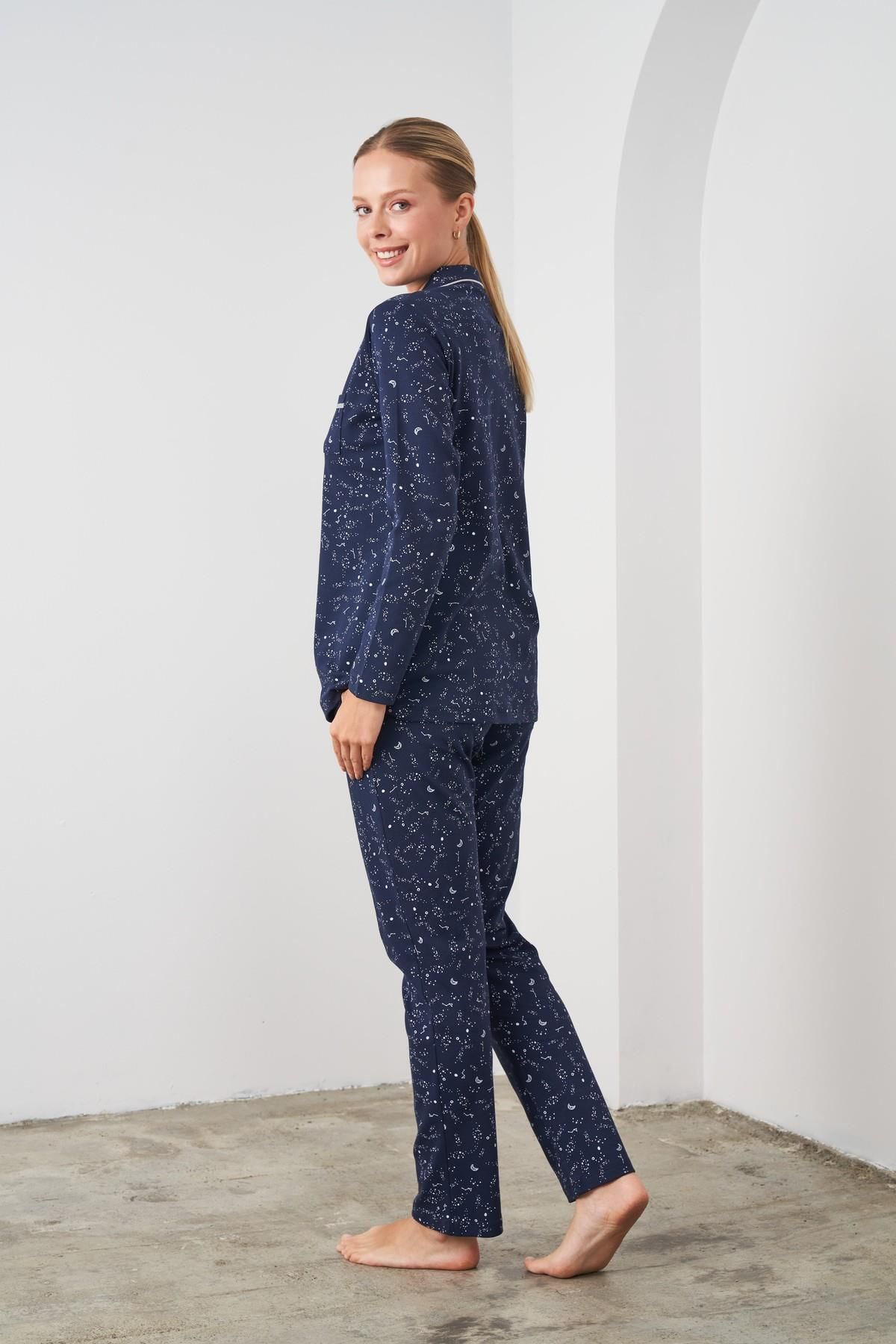 PJS-24545 Navy Blue Cotton Long Sleeve Front Buttoned Women's Pajamas Set 4