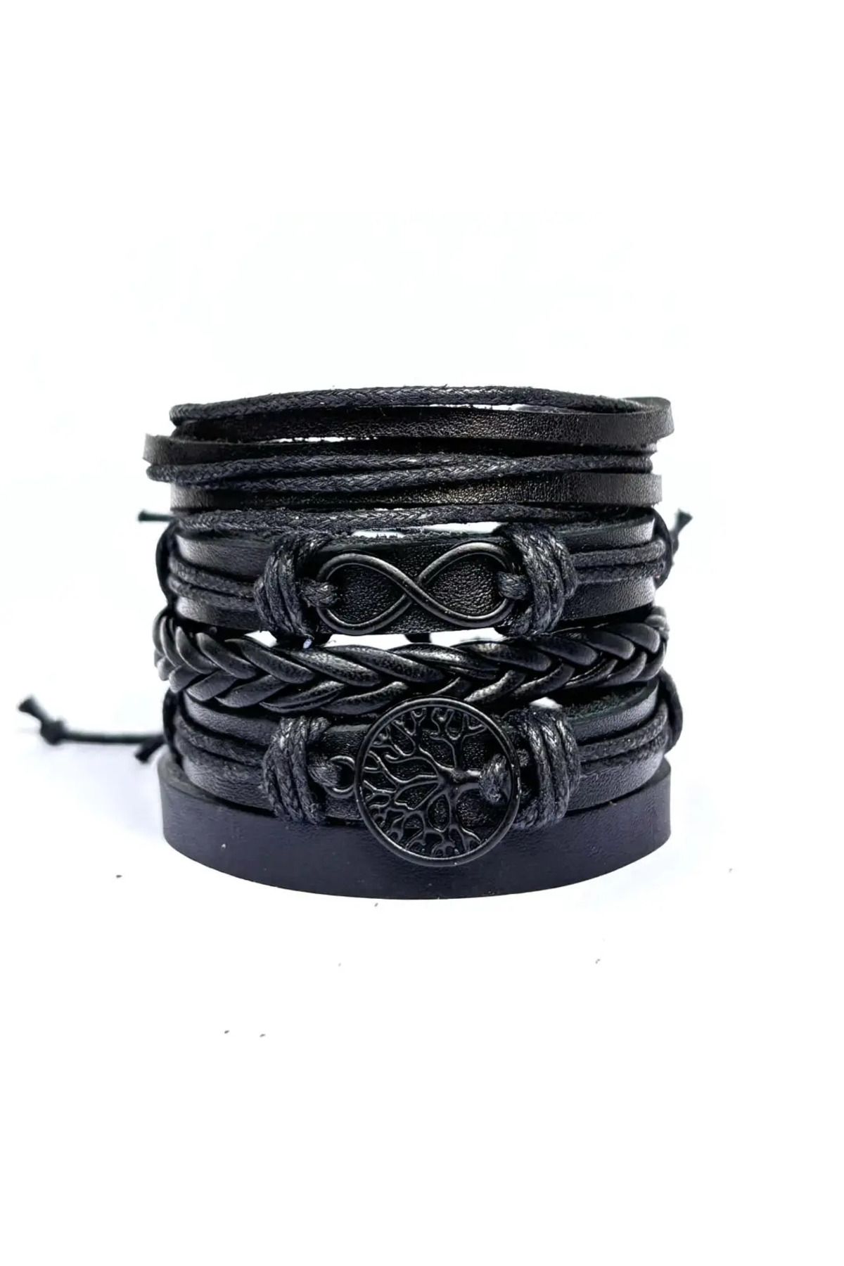 BSN Store-Black Figured Tree of Life and Infinity 5-Piece Black Genuine Leather Bracelet 1