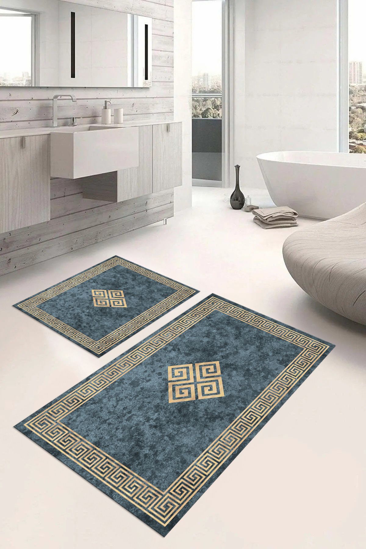 Napoli Home-Set de scaune de toaletă pentru baie model clasic, lavabil, imprimat digital, cu cadru, KLOZET-54-ALBASTRU, 3
