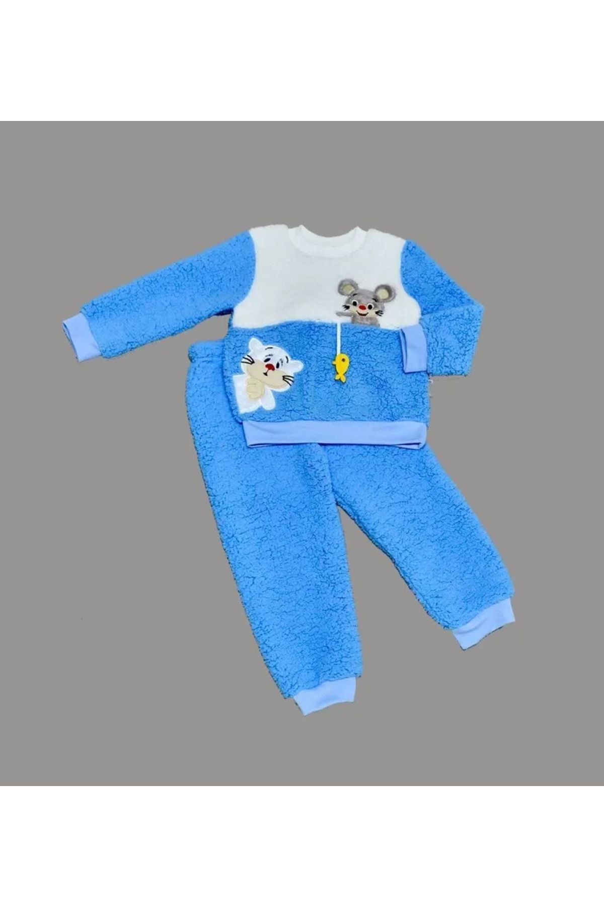 yusuftex Sallanan Balık Nakışlı Kuzu Kumaş Sweat Pantolon Uzun Kollu Kız Erkek 2 Li Takımı Saks Mavisi