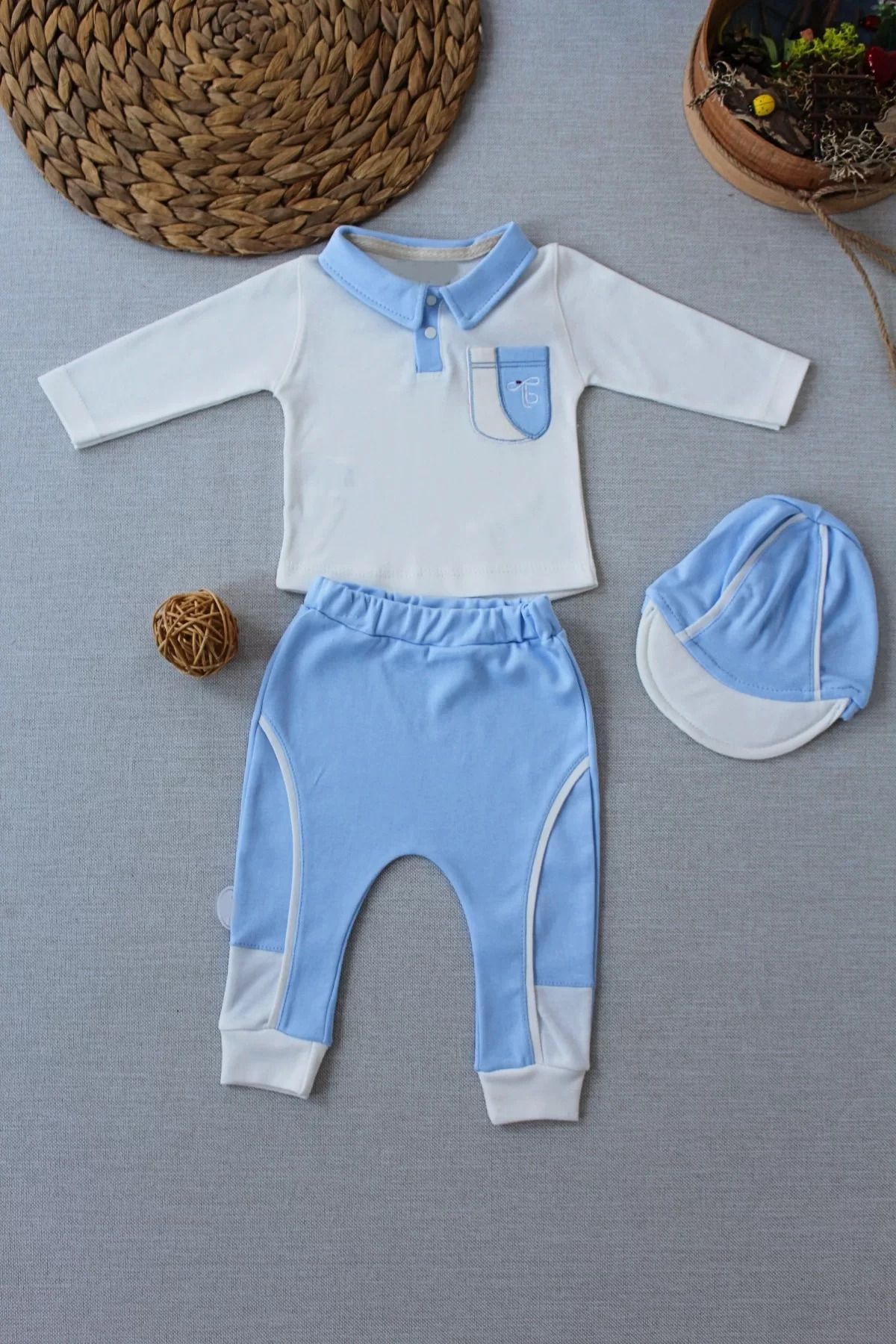yusuftex Efendi Nakışlı Cep Şapkalı Uzun Kollu Sweat 3lü Erkek Bebek Takımı Mavi