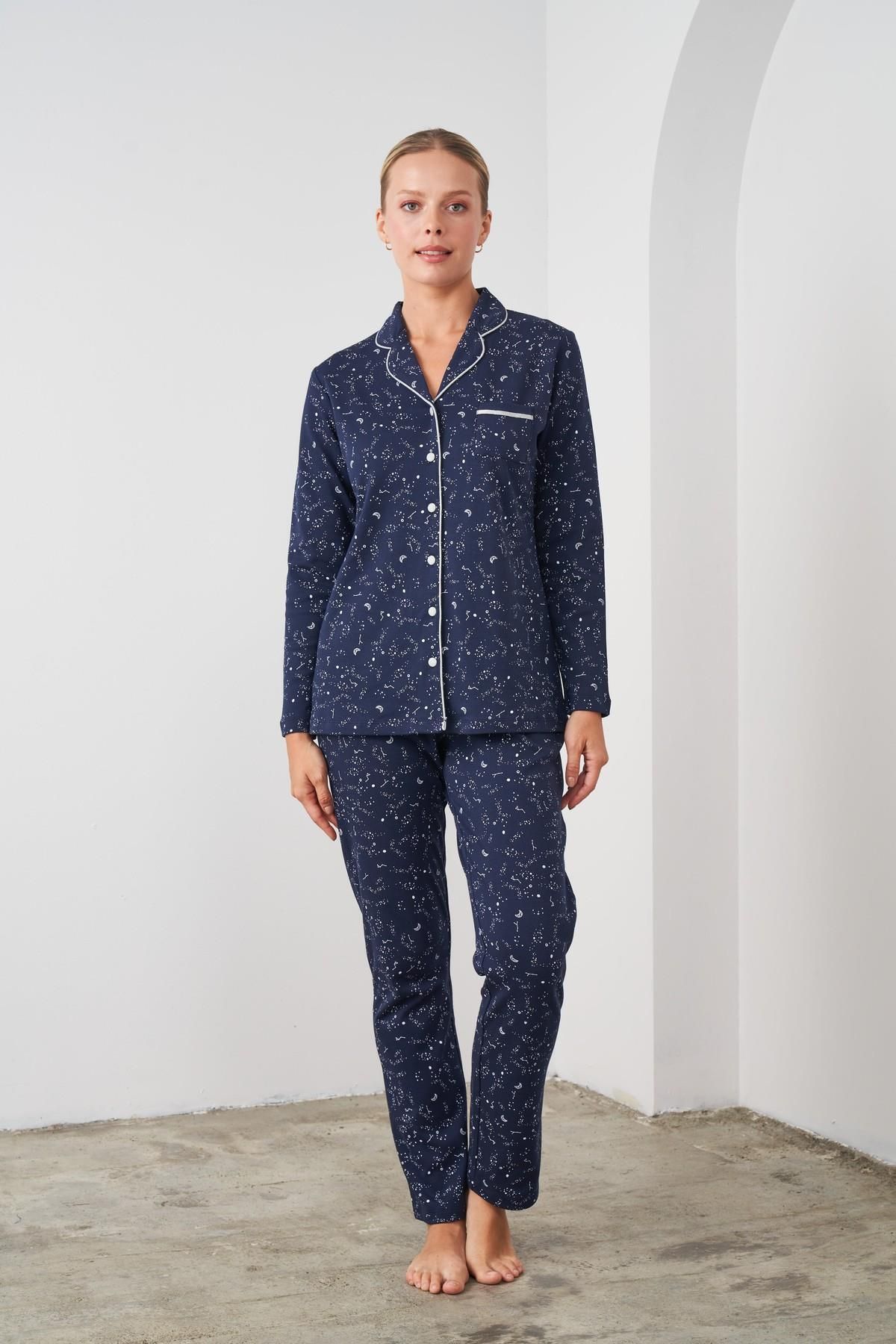 PJS-24545 Navy Blue Cotton Long Sleeve Front Buttoned Women's Pajamas Set 1