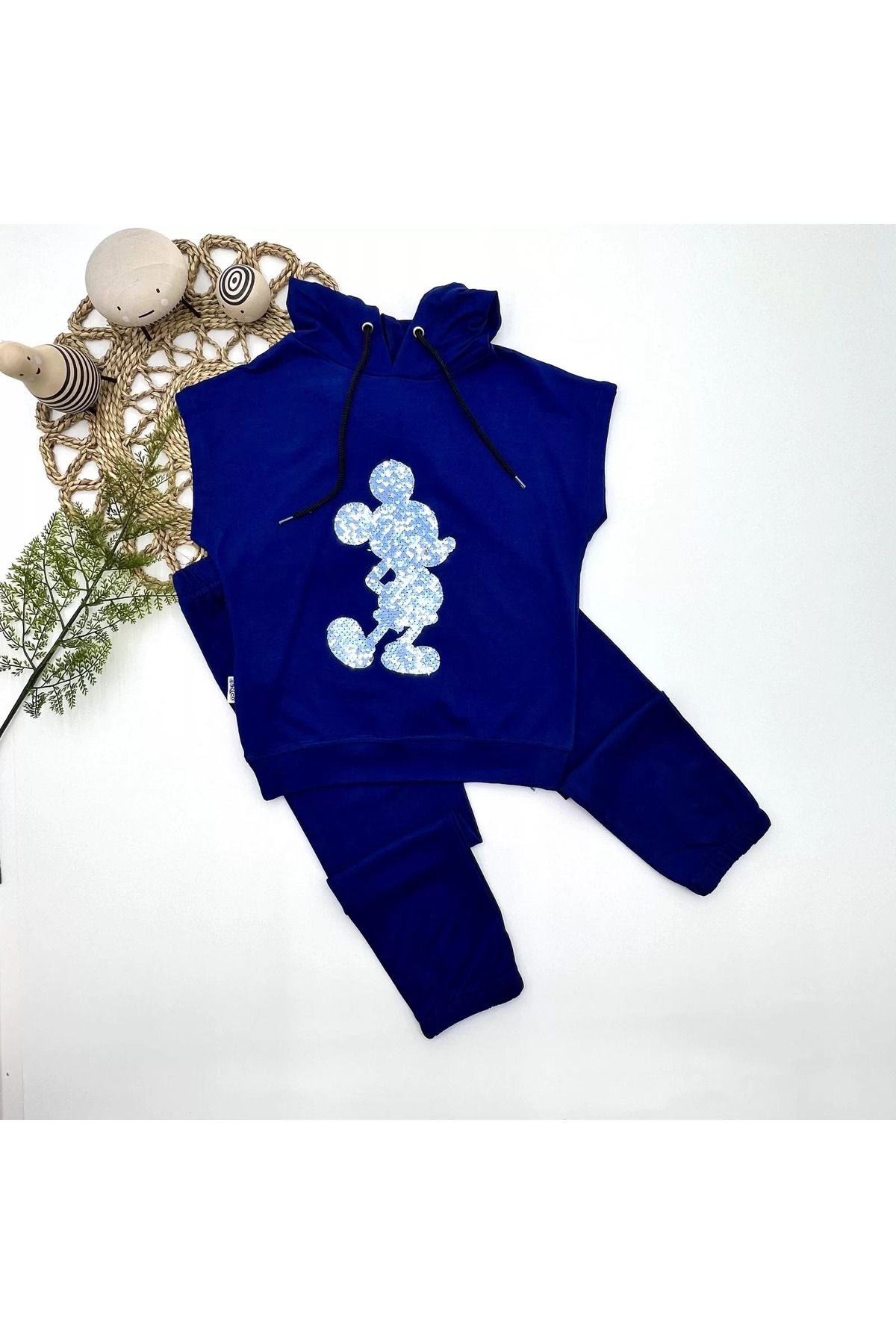yusuftex Kapşonlu Petli Mickey Desenli Kısa Kol 2li Kız Erkek Çocuk Takımı Lacivert