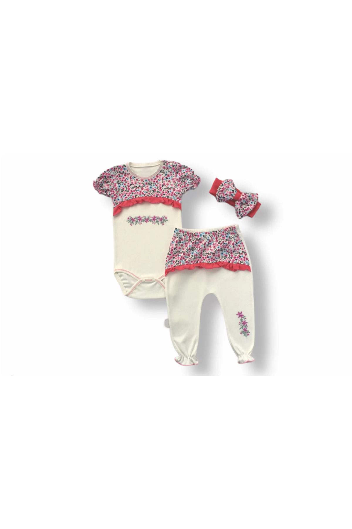 yusuftex Mimoza Baskılı Bandanalı Kısa Kollu Zıbınlı 3lü Kız Bebek Takımı Lila