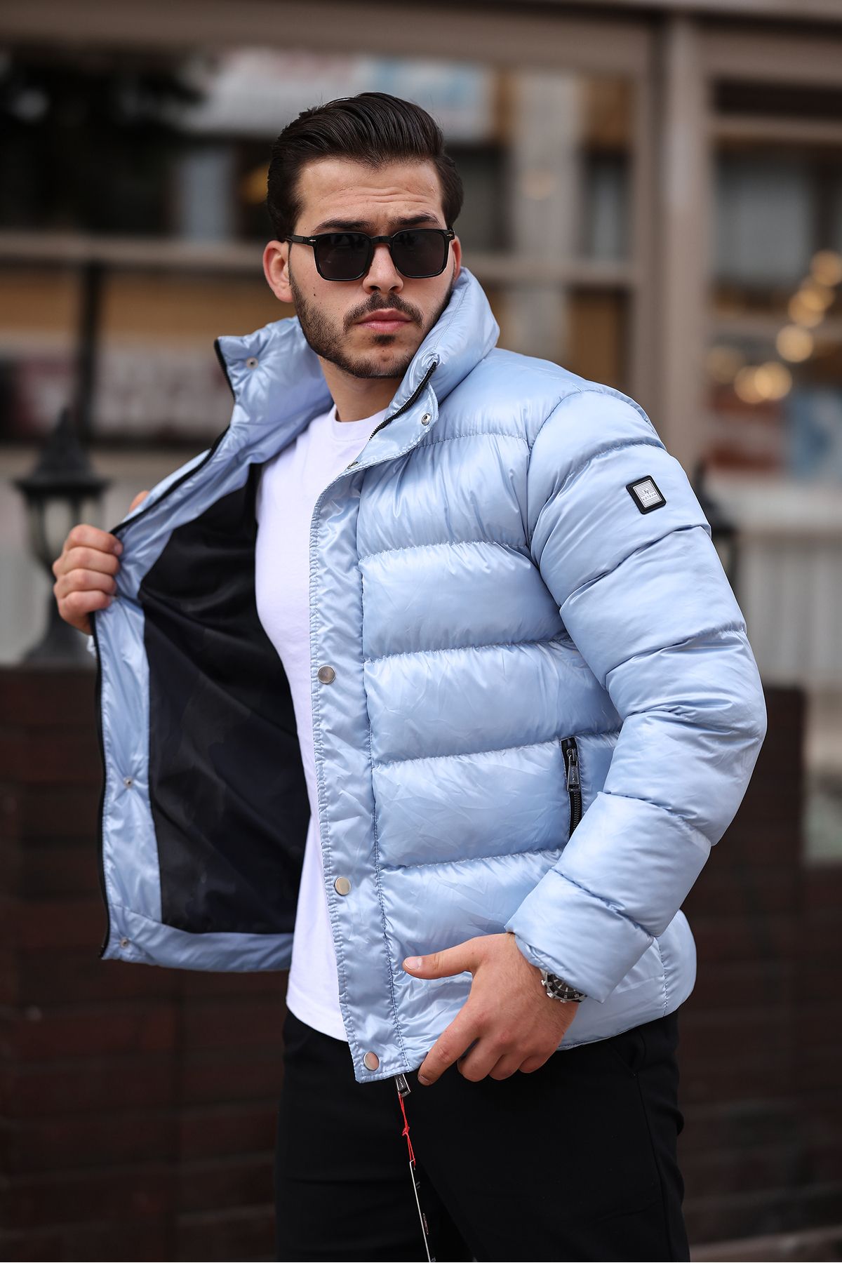 kotpan denim-Men's Blue Stand Collar Windproof Water Repellent Shiny Puffer Jacket 3