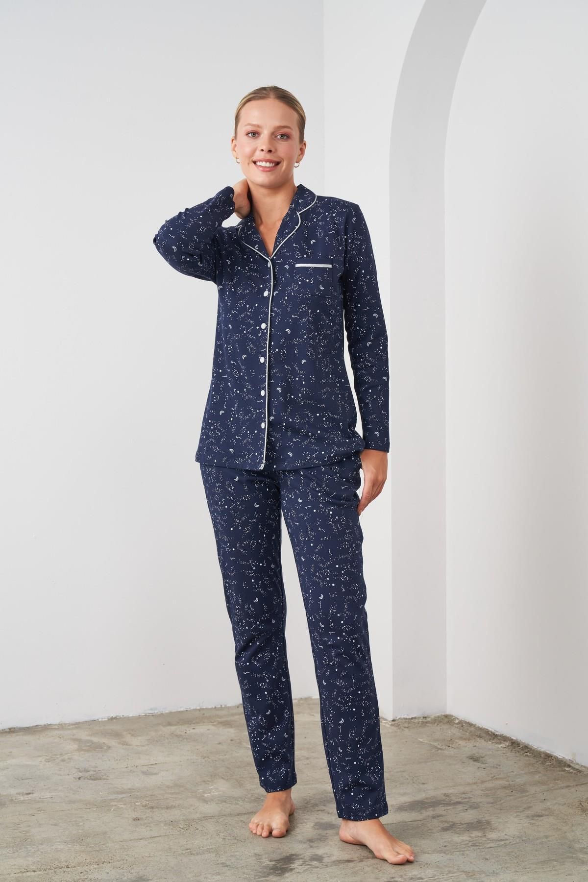 PJS-24545 Navy Blue Cotton Long Sleeve Front Buttoned Women's Pajamas Set 2