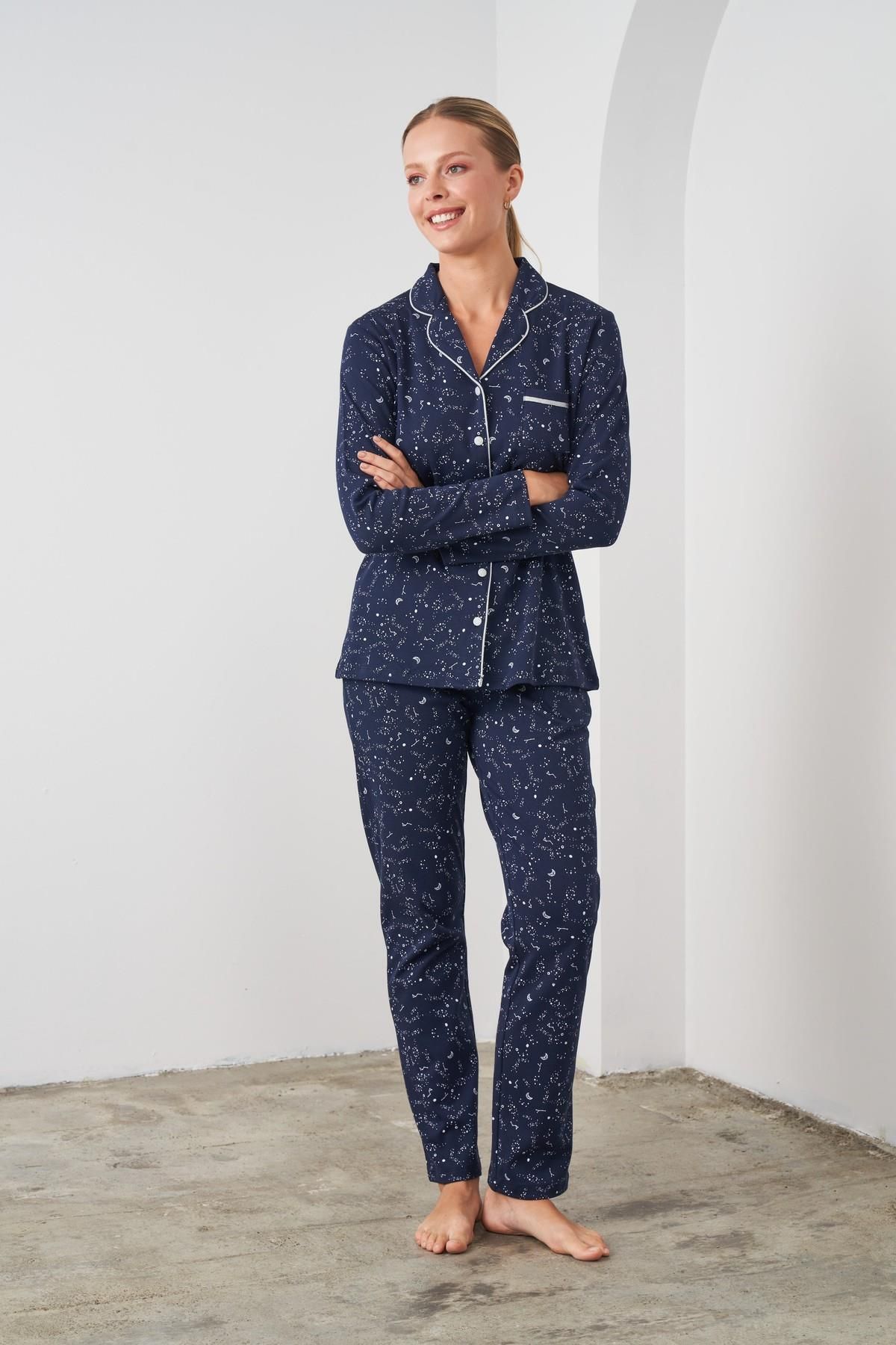 PJS-24545 Navy Blue Cotton Long Sleeve Front Buttoned Women's Pajamas Set 3