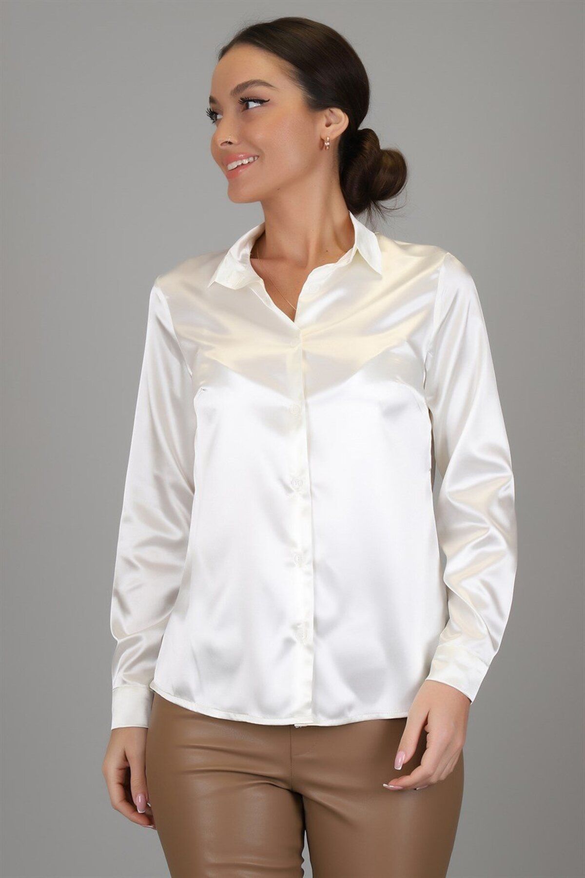 SWEETNESS-Women's Cream Lycra Satin Long Sleeve Evening Dress Shirt 1