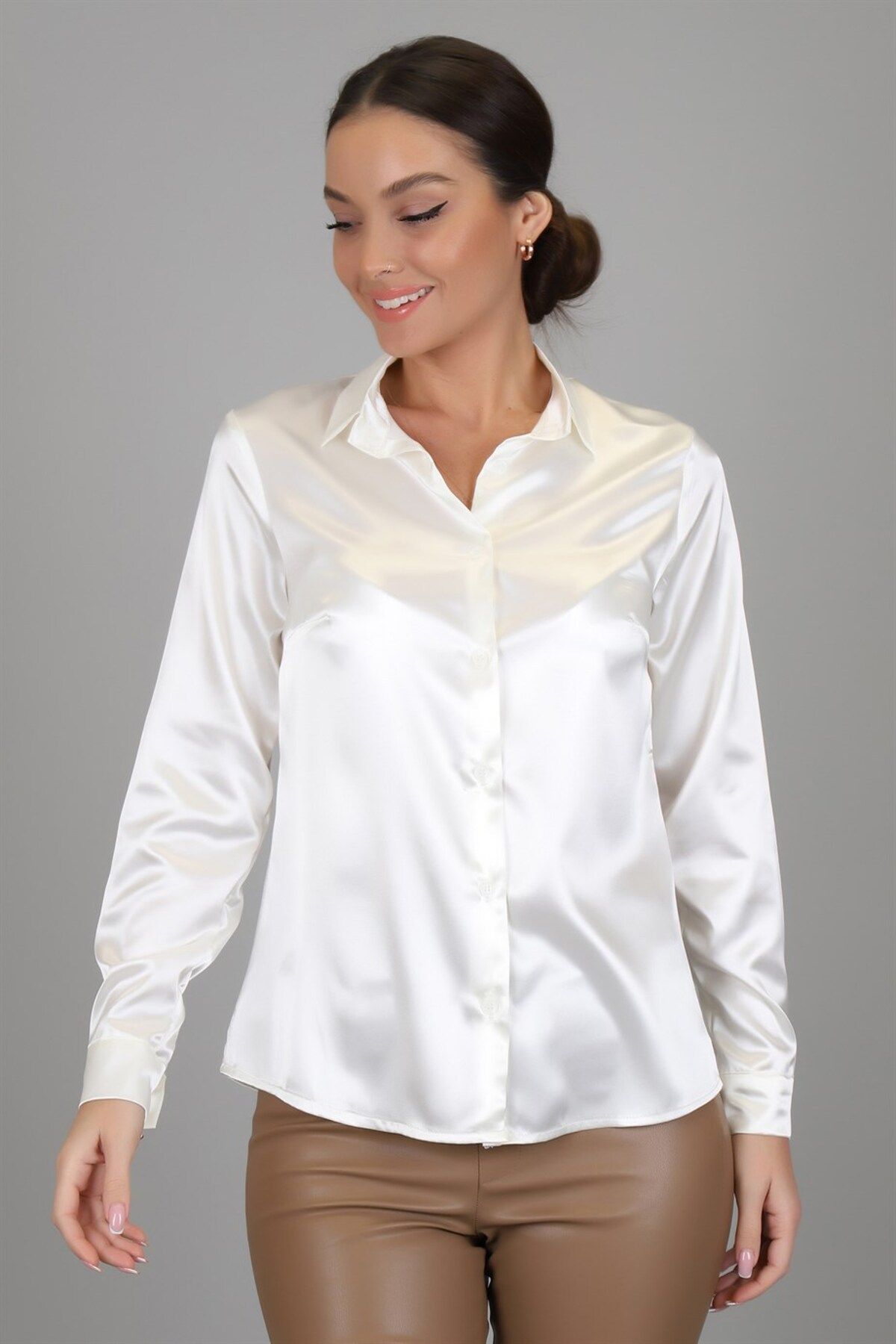 SWEETNESS-Women's Cream Lycra Satin Long Sleeve Evening Dress Shirt 7