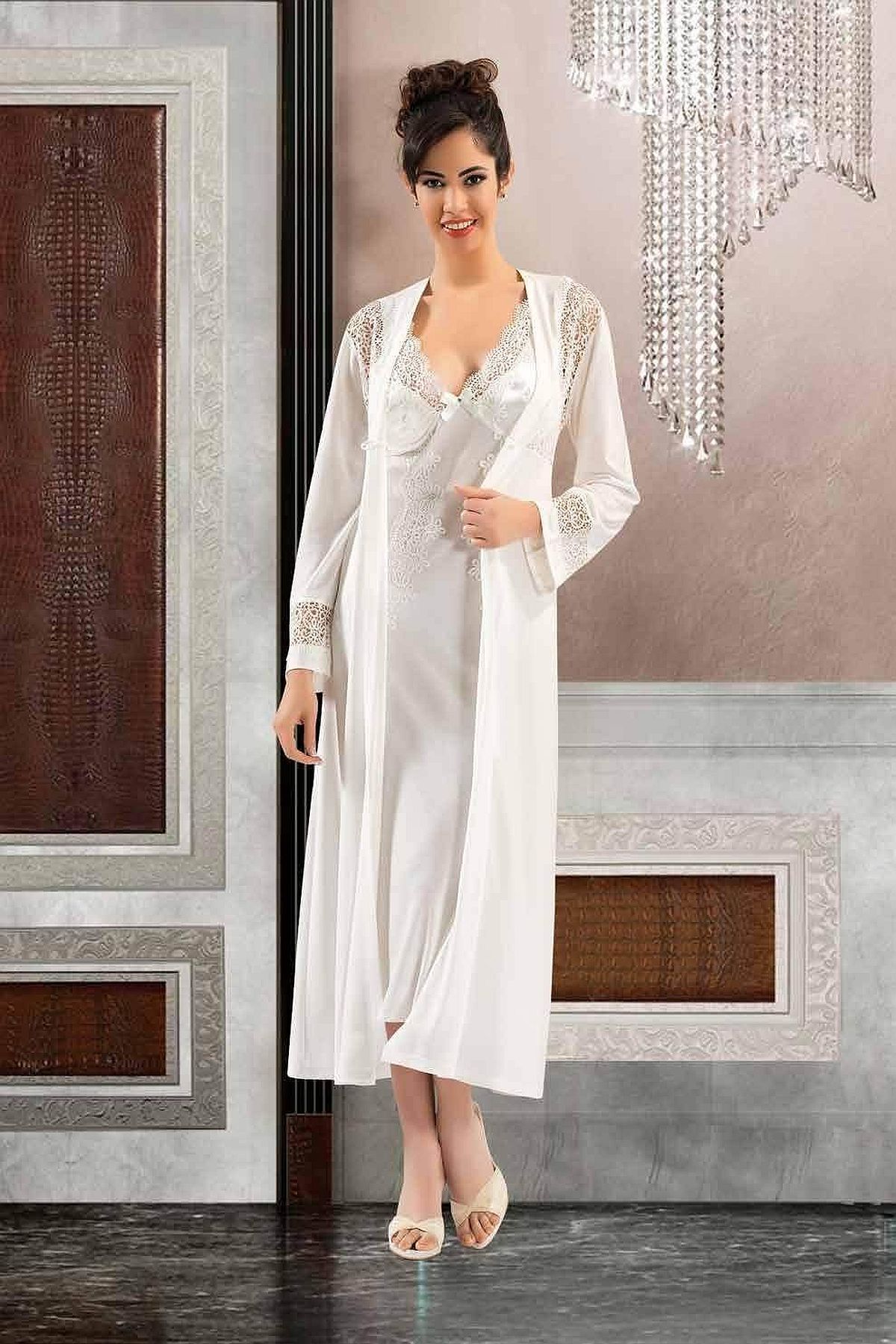 CT MODA Kadın Ekru 6 Parça Kutulu Pamuk Dantelli  Güpürlü  Gelin Çeyiz Seti