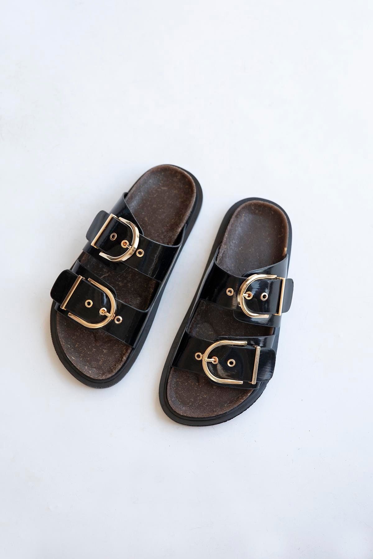 STRASWANS-Zowie Black Patent Leather Slippers - Daily Comfort, Buckle Detailed 2