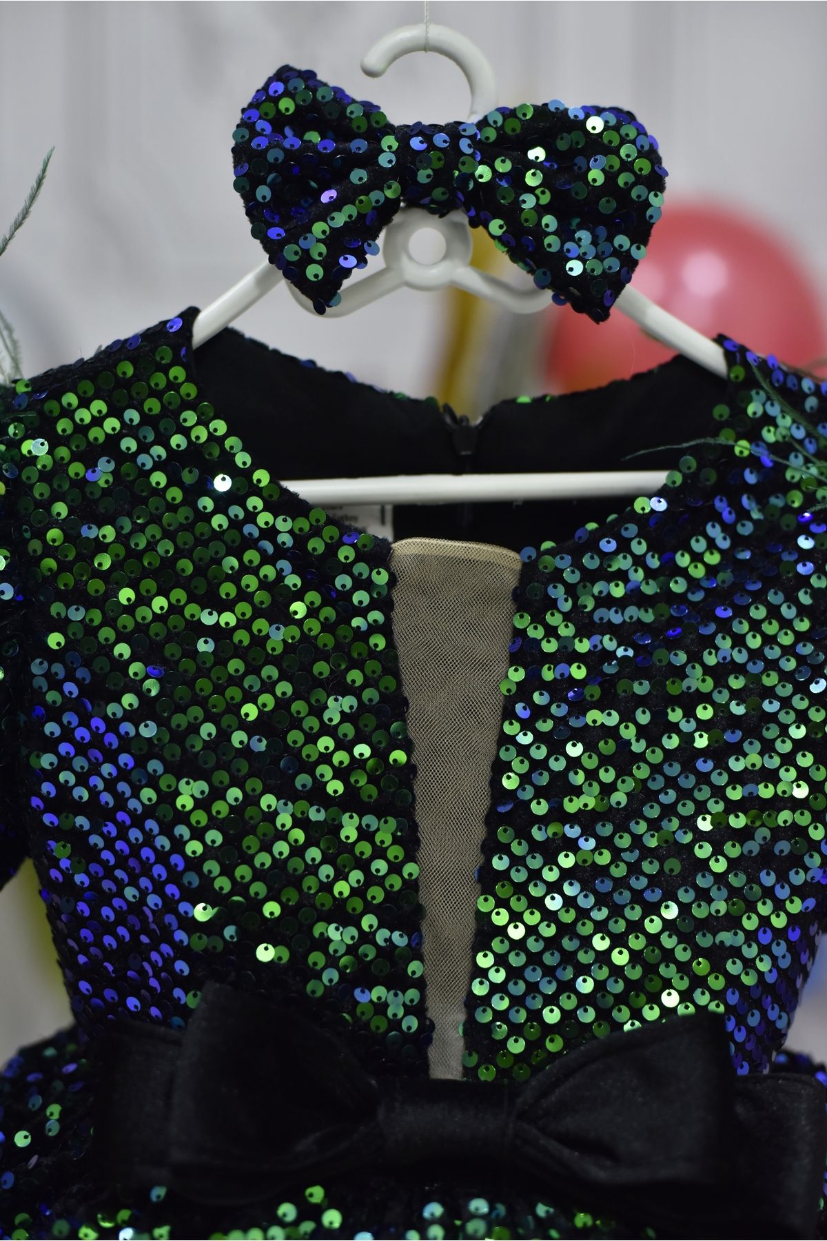 ELLUSSİ-Emerald Green Hologram - Front Low-Cut Short Balloon Sleeve Girl's Dress 4