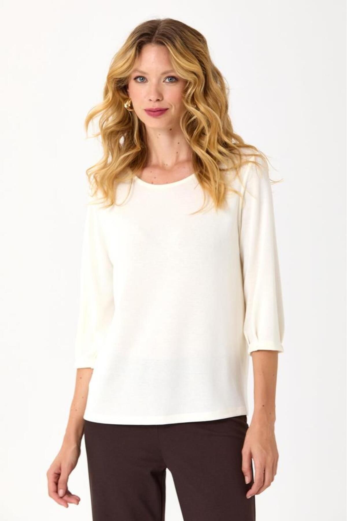 İKİLER-Ribbed Sleeve 3⁄4 Sleeve Blouse 245-1002 2