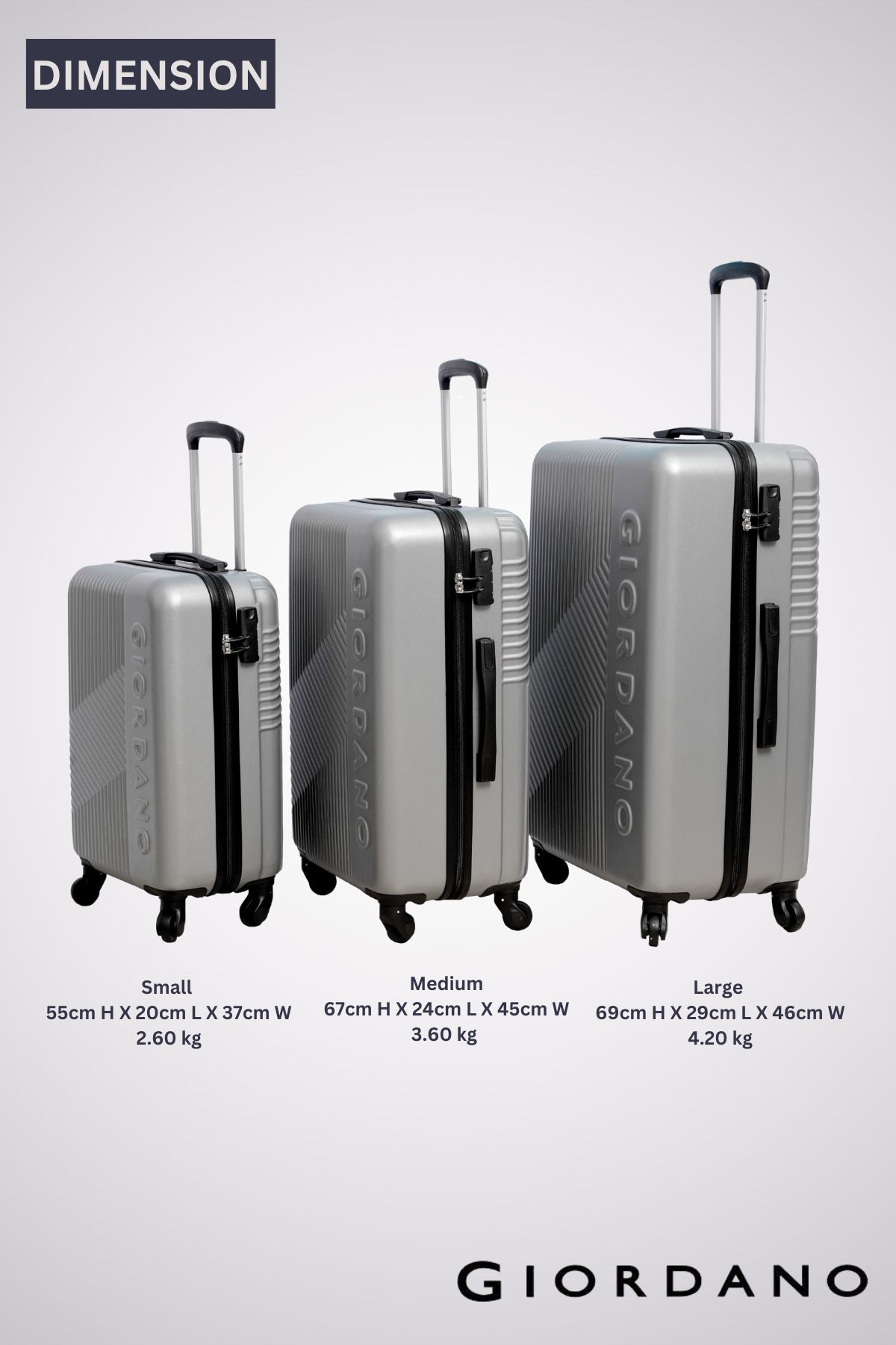 Giordano-Logo Series Luggage Set of 3 Silver,ABS Hardshell Lightweight Durable Secure Number Lock. 6