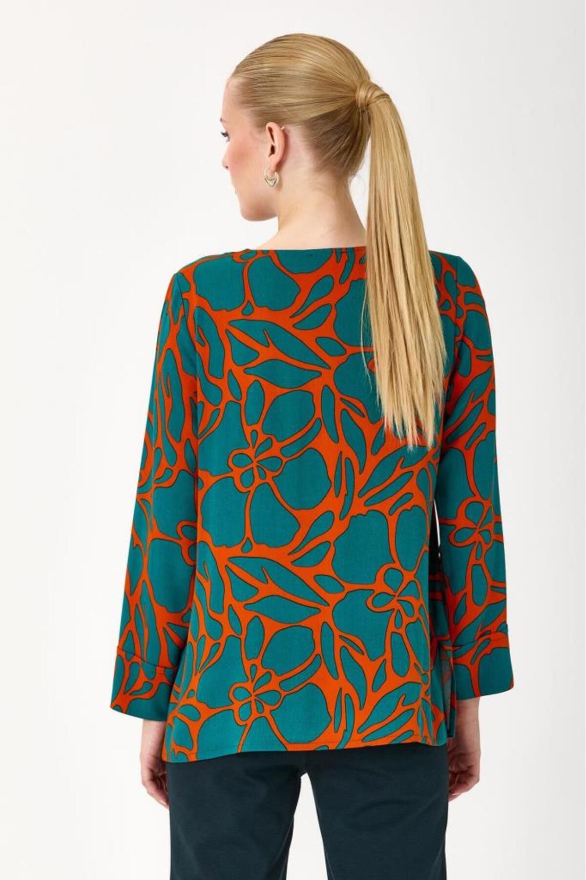 İKİLER-V-Neck Patterned Long Sleeve Blouse 245-3030 5