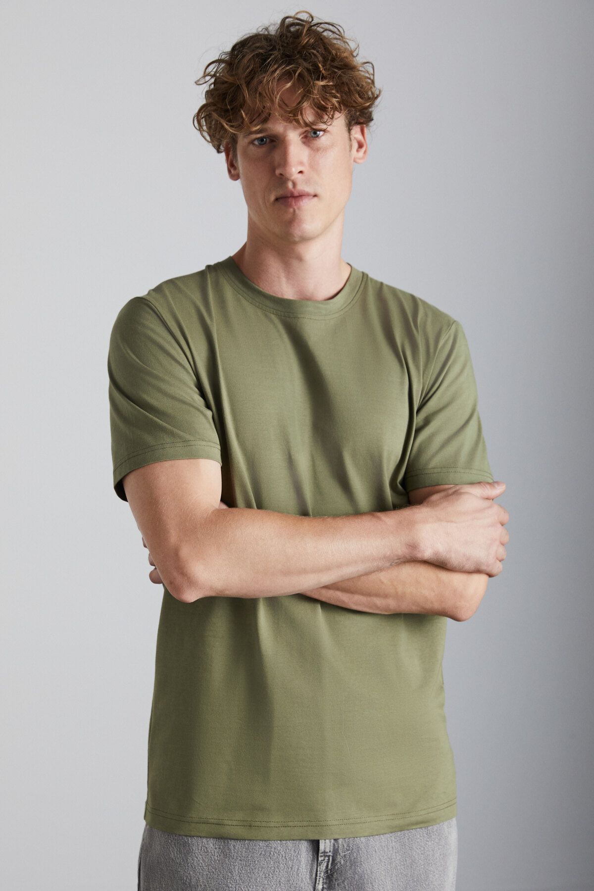 GRIMELANGE-Mıchel Men's Slim Fit Slim Fit 100% Organic Cotton Side-Looking Stitched Basic Knitted Khaki T-Shirt 1