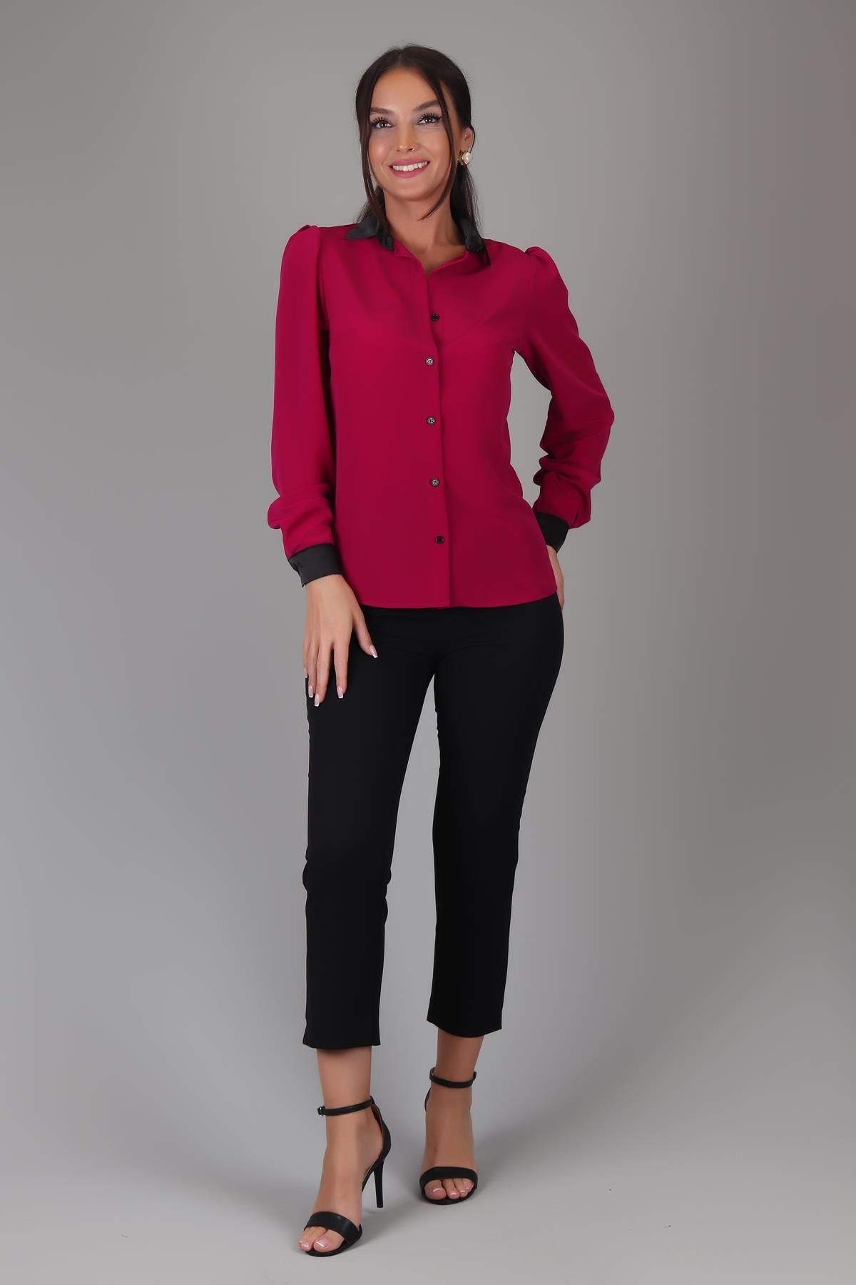 SWEETNESS-Fuchsia Satin Women's Shirt - Silk Collar, Long Sleeve 3