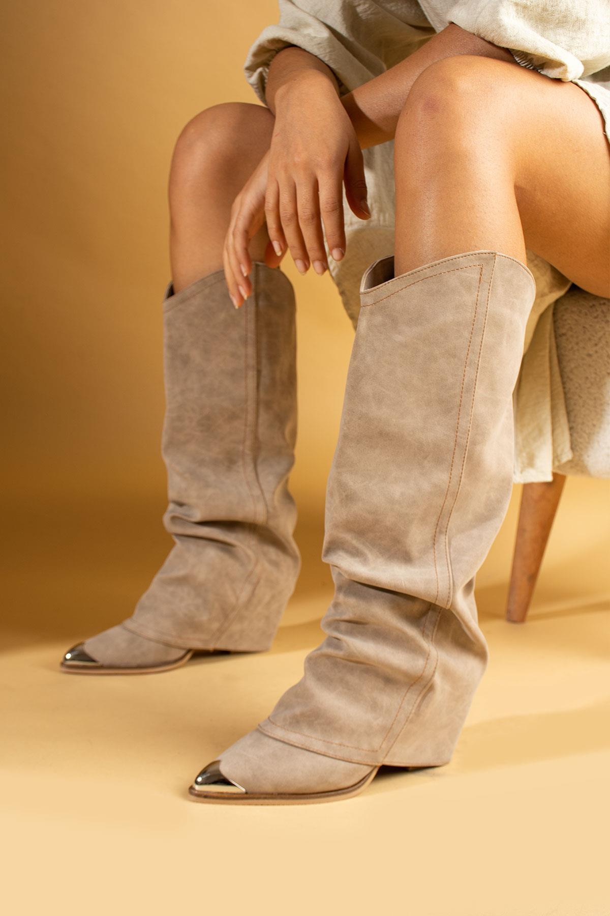 ShoeTek  Lavem Kadın Çizme Kovboy Körüklü Bej Süet