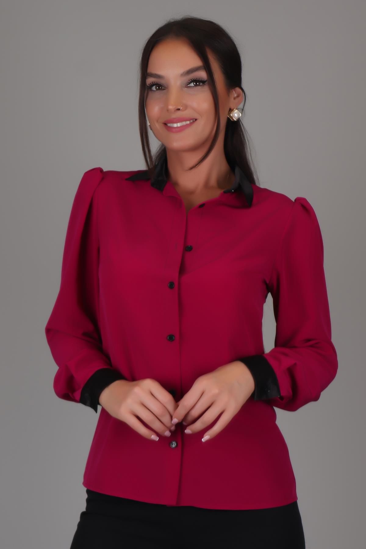 SWEETNESS-Fuchsia Satin Women's Shirt - Silk Collar, Long Sleeve 6