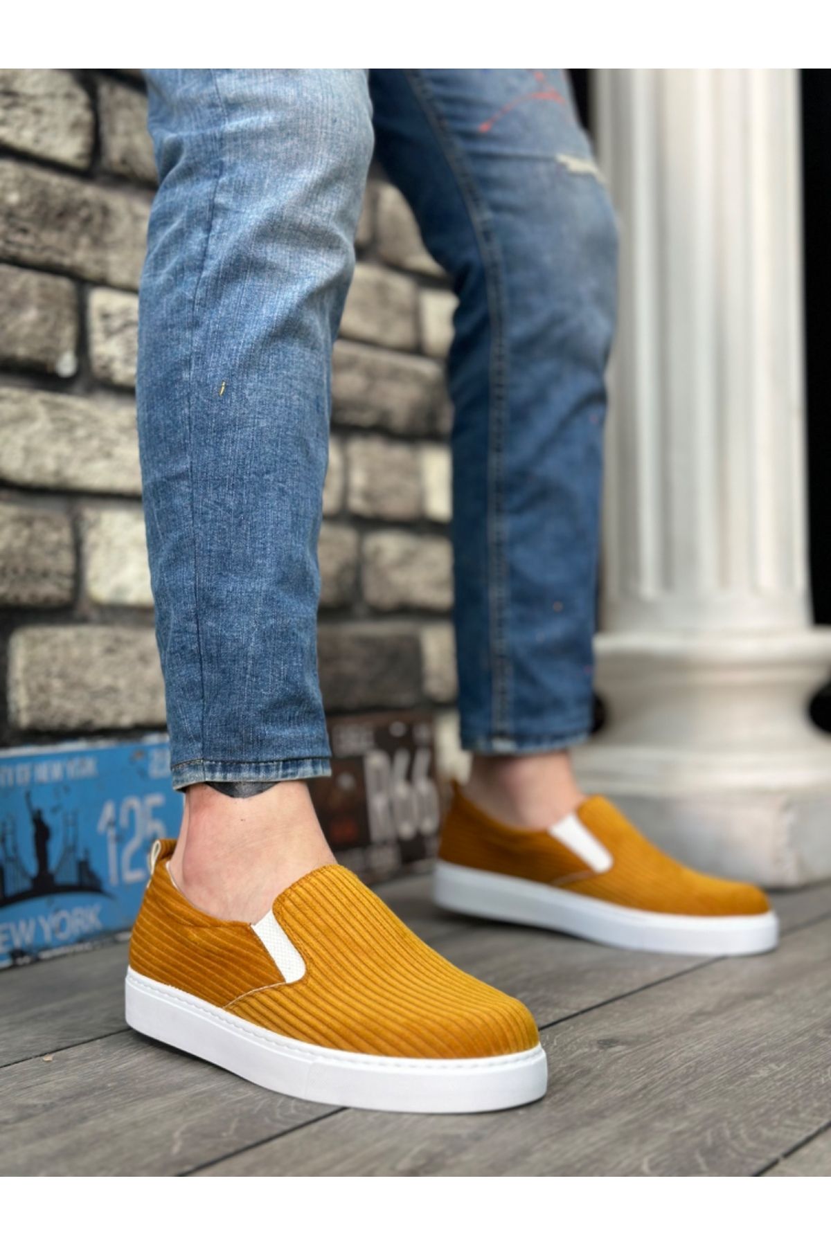 BOA-BA0339 - Pantofi casual pentru bărbați din catifea muștar, cu talpă albă 7