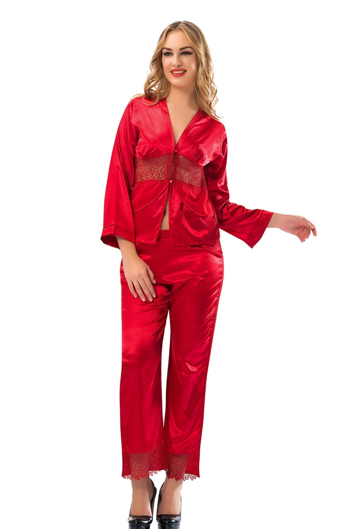 YNT İthalat Kırmızı Saten Pijama Takımı - 1601