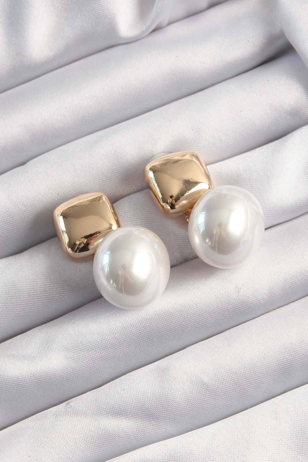 nazeninstoğu-Special Series Brass Gold Color Pearl Stone Square Earrings 2